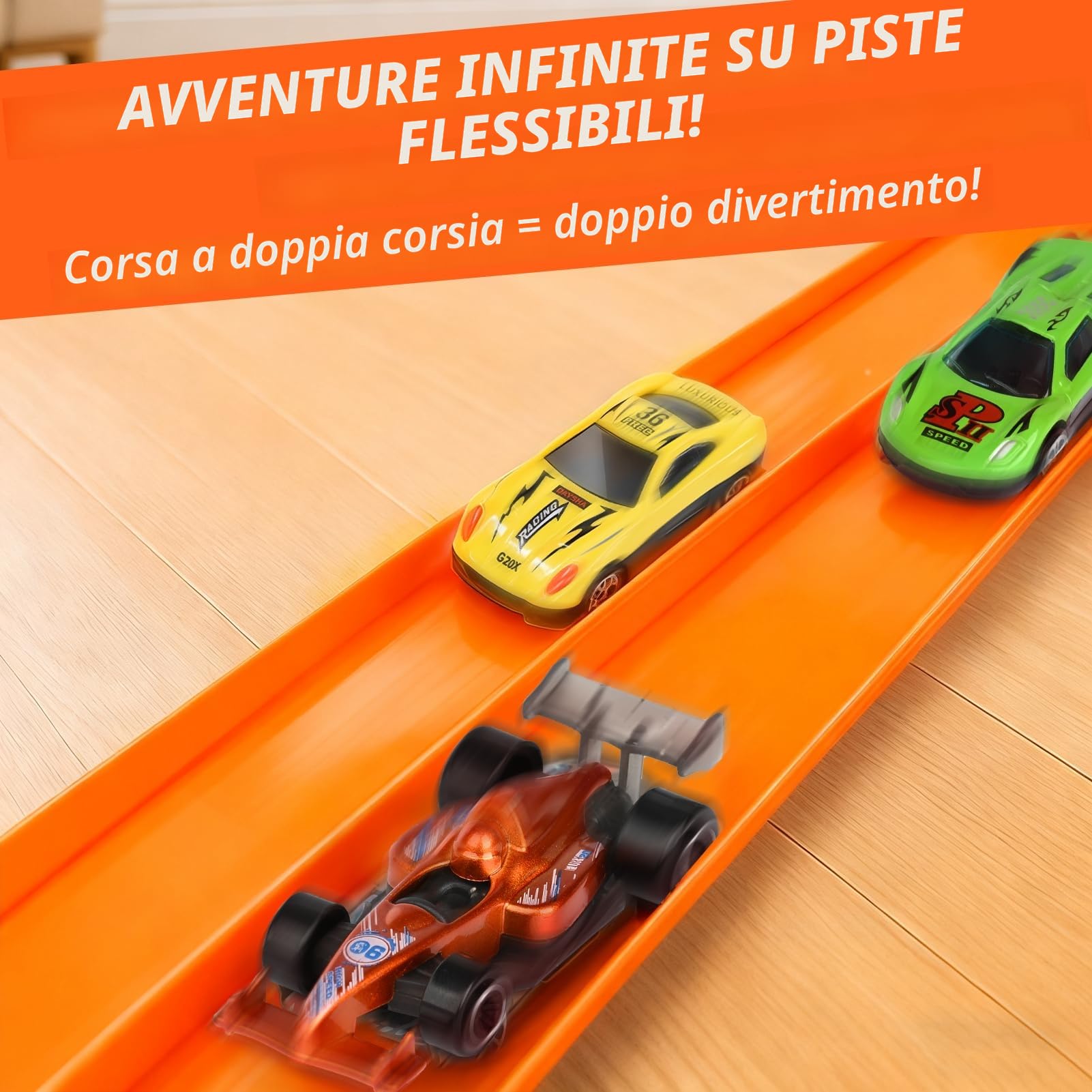 Dreamon 5 Metri Piste Macchinine per Bambini 3 4 5 6 Anni Pista Flessibile Macchinine con 4 Macchinine 2 Rampe 1 Borsa Portaoggetti 4 Ventose Regalo per Bambino e Bambine