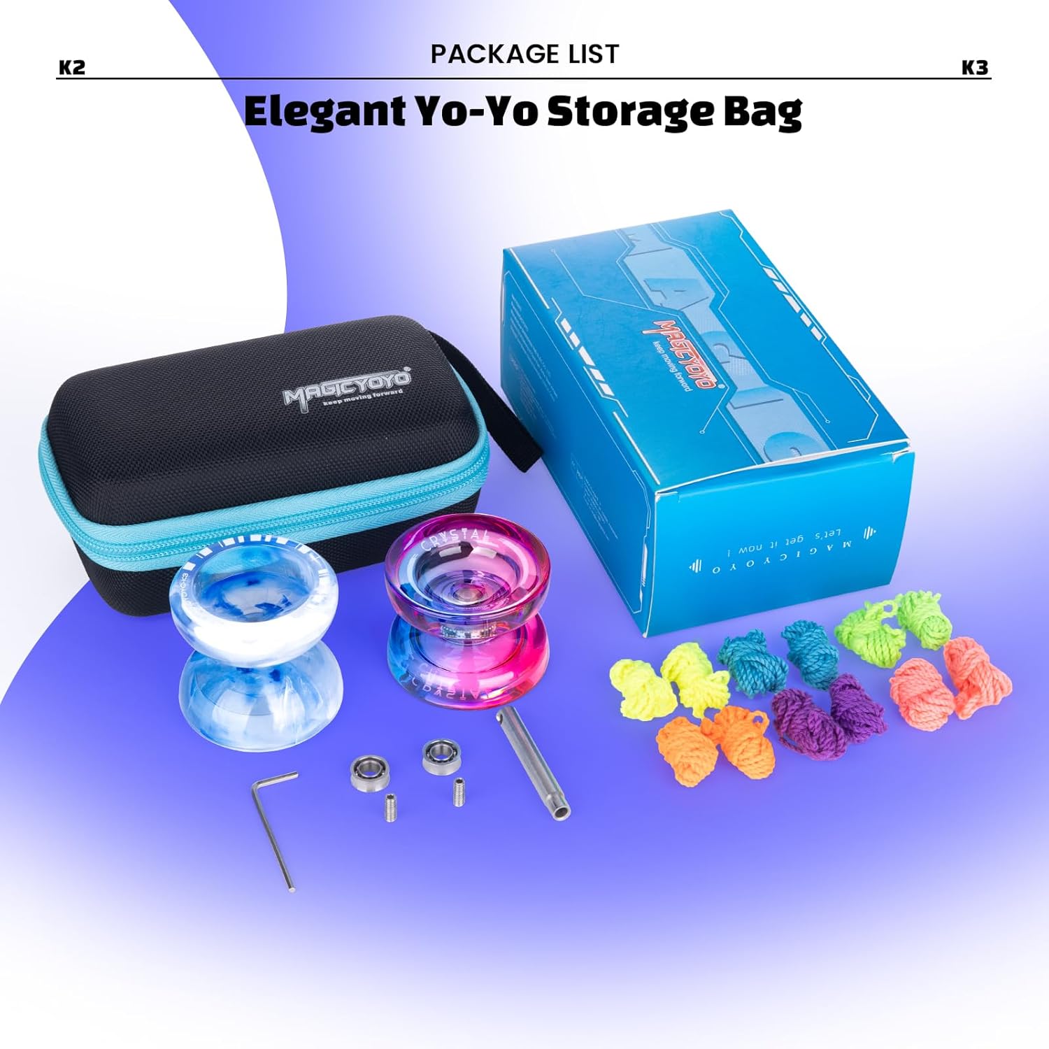 MAGICYOYO K2 + K3 Ideal Yoyo Gift Set - 2 Packs Responsive & Unresponsive Yoyos for Kids Beginners and Adults, Dual Yo-yos with 12 Strings, Gift Case, Bearing Kits ( K3 Blue White + K2 Purple Pink)