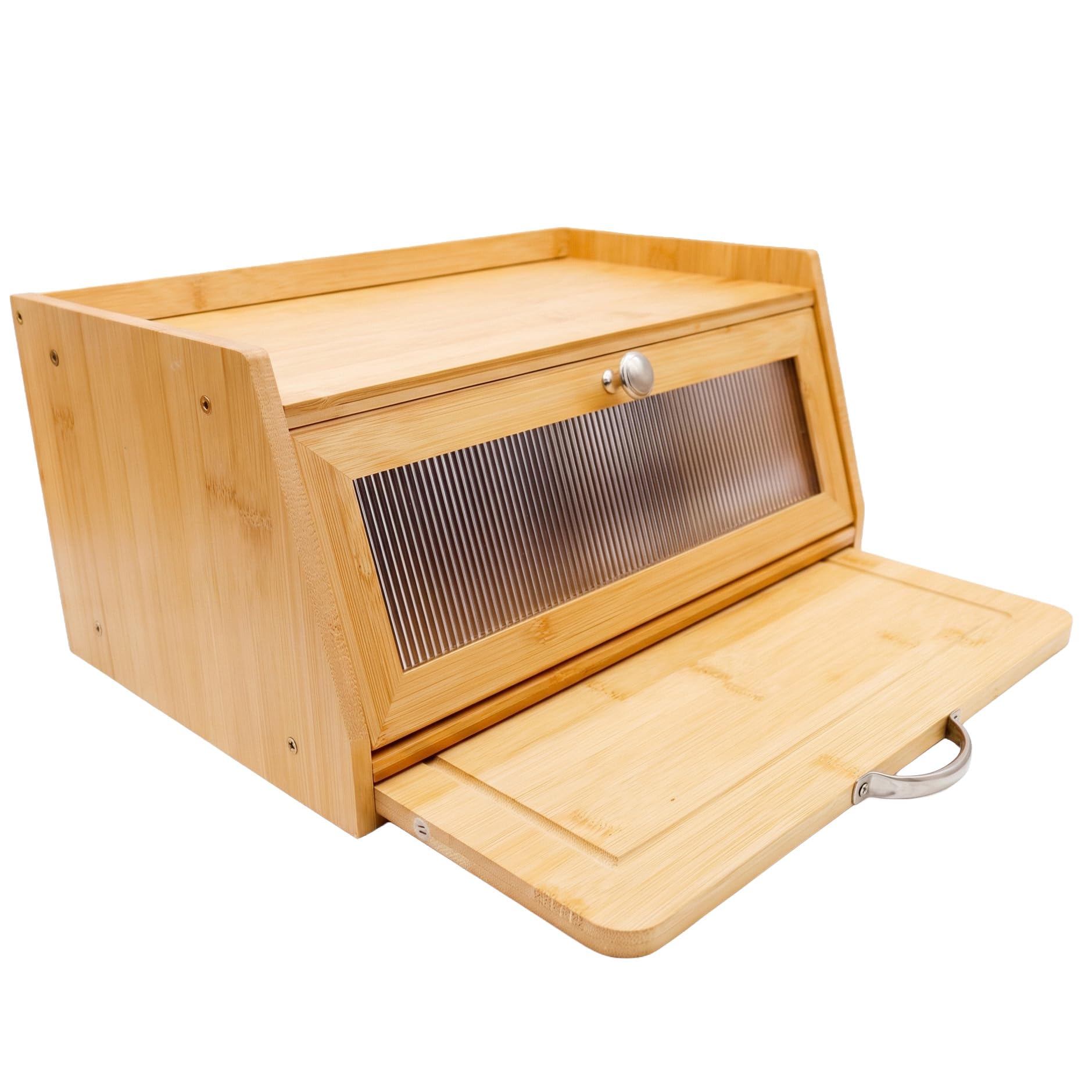 Maison Des Cadeaux Bamboo Fluted Panel Bread Bin Box with Chopping Board Countertop Storage