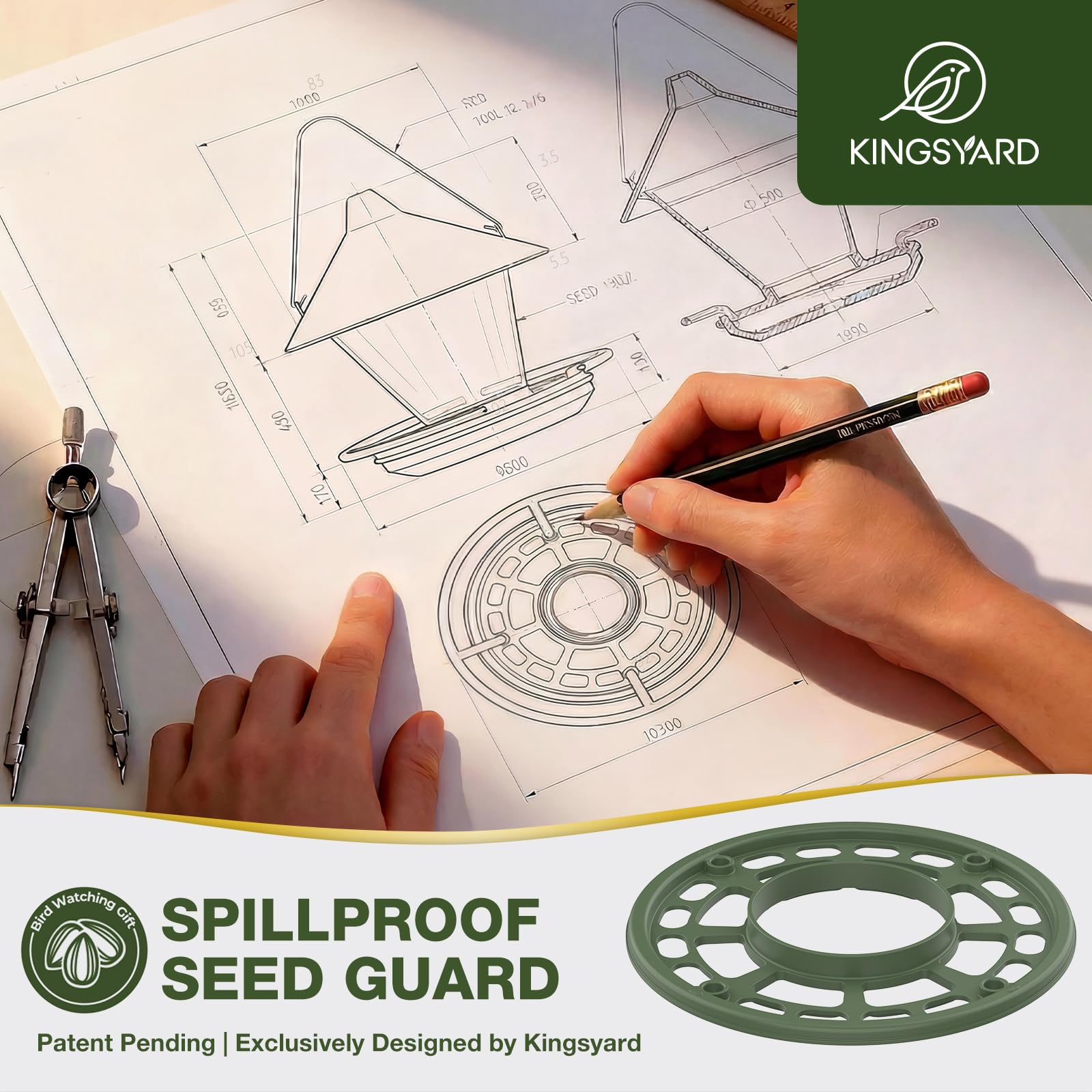 Kingsyard Wild Bird Feeder for Outdoors Hanging, No-Waste Tray with Seed Guard & Circular Perch, Garden Yard for Cardinal Finch, 4 lb Large Capacity, Green - 4