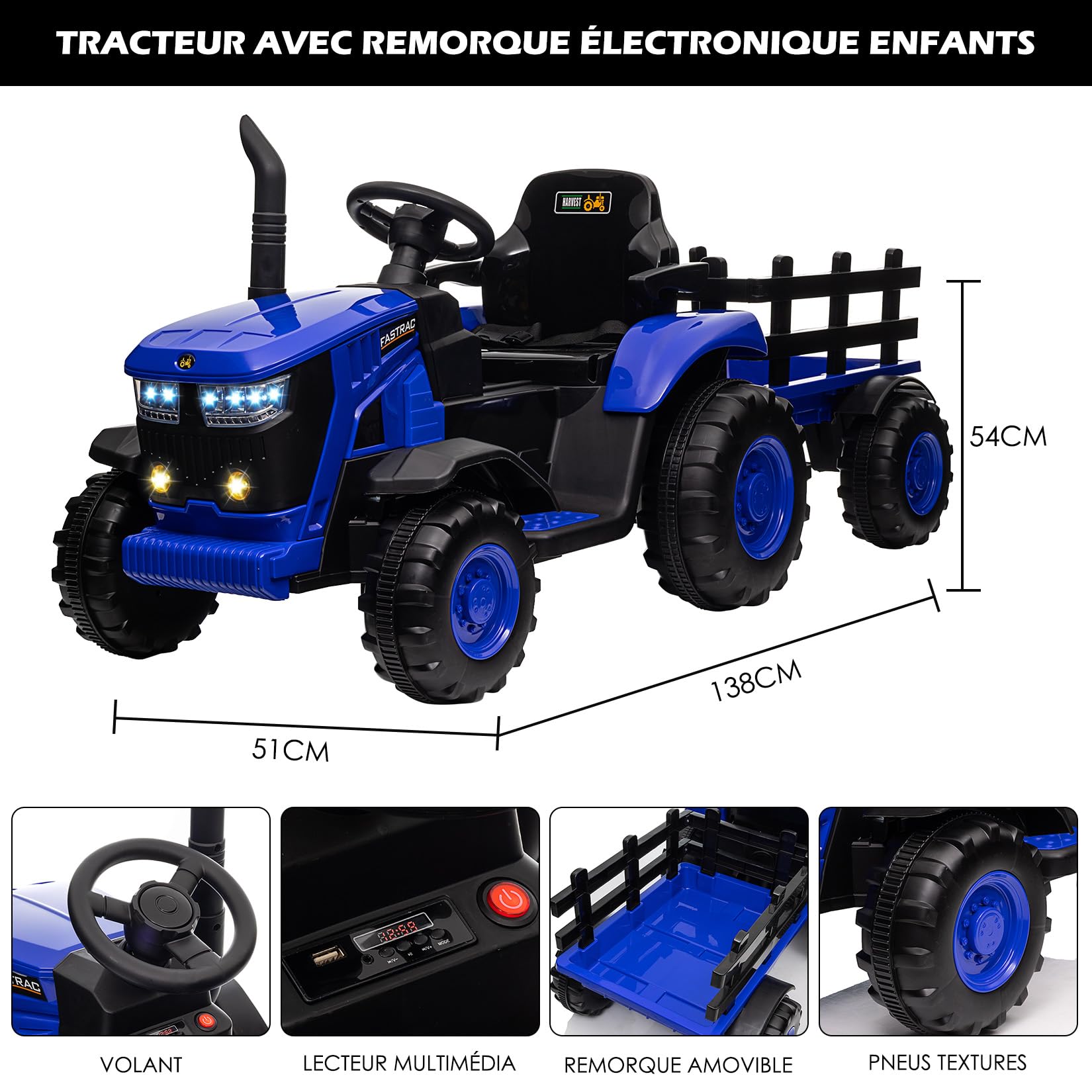 12VTractor Eléctrico Infantil con Remolque Desmontable,Control Remoto Azul | Doble motor 35W,6 ruedas,Música inalámbrico,USB,3 velocidades, luces LED,Para niños de 3 a 8 años,Capacidad de carga: 30 kg