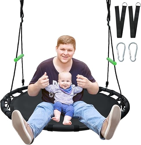 Columpio redondo negro con asas y correas adicionales de 5 pies, hecho de marco resistente, alfombrilla de polipropileno, cuerdas ajustables de