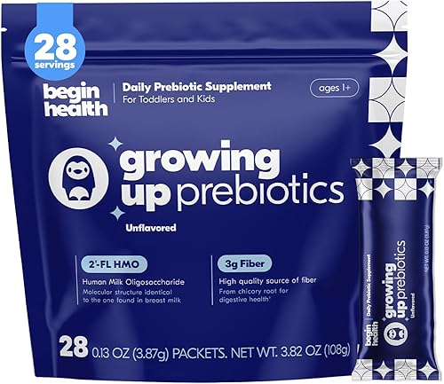 Begin Health Growing Up Prebióticos para niños 28 paquetes | Suavizantes de heces en polvo soluble en prebióticos y suplemento digestivo para la