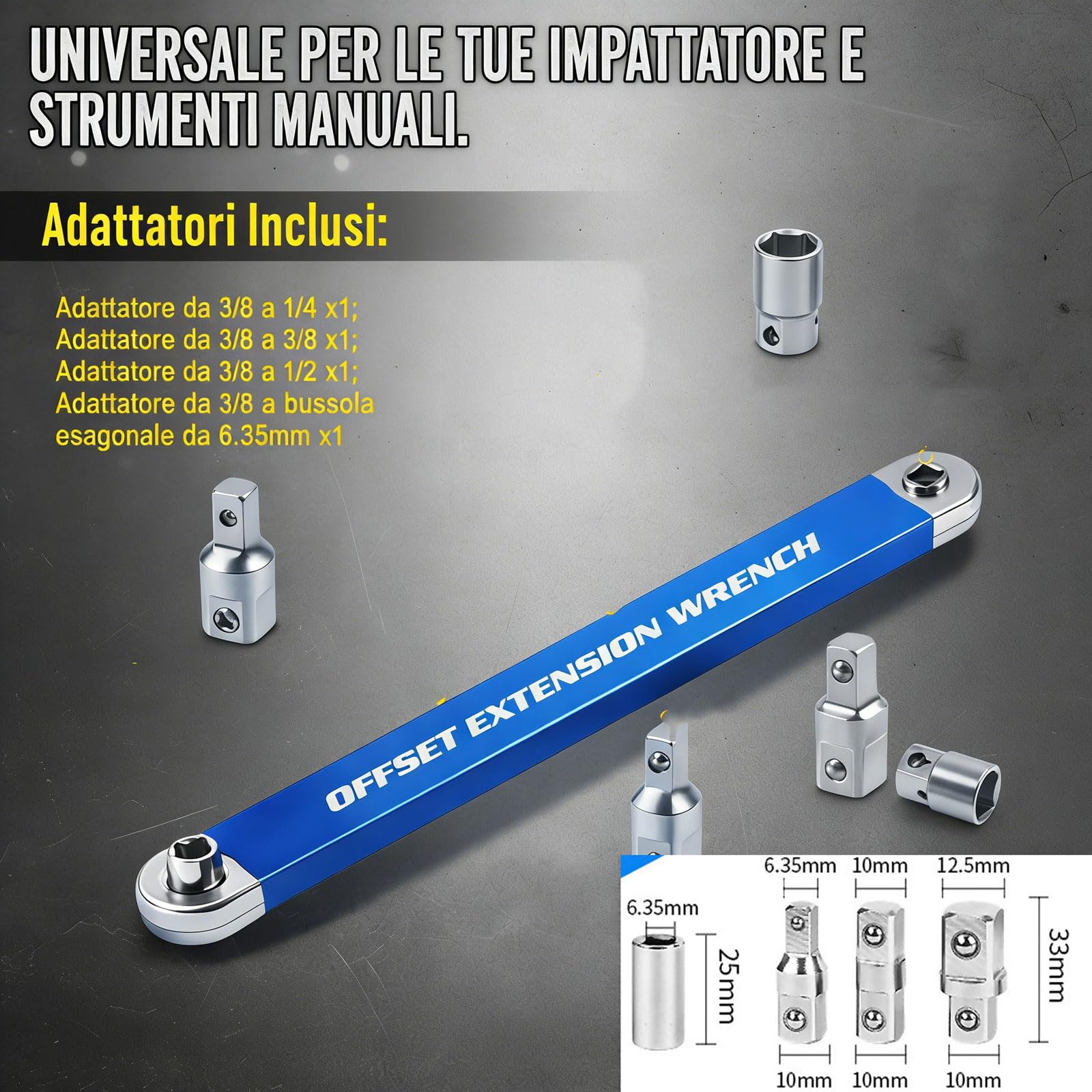 Offset Extension Wrench, Set Chiave di Estensione Offset 39cm (15"), Prolunga Chiave a Cricchetto Universale con Trasmissione a Catena, Adattatori (1/4", 3/8", 1/2"), Spazi Ristretti e Motori (1pc)