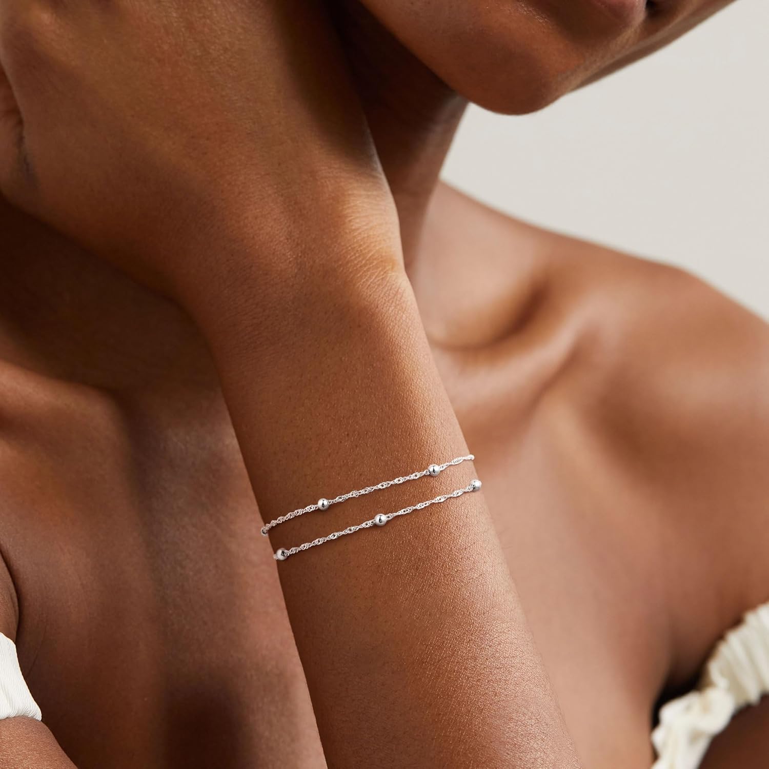 IEFWELL S925 Sterling Silver Bracelet for Women - 1.5mm Singapore Chain Bracelet, Dainty Double Strand Satellite Bead Bracelets, 6.5/7/7.5/8/8.5/9 Inches Jewelry Gifts for Women Her - Image 4