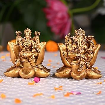 Artarium Padma Lakshmi Ganesha Idol Set 2.8 Inch Gold Finish Laxmi Ganesh Statue, Hindu God Figurines for Home Temple, Car Dashboard, Mandir Pooja Decor, Spiritual Gift & Housewarming Present