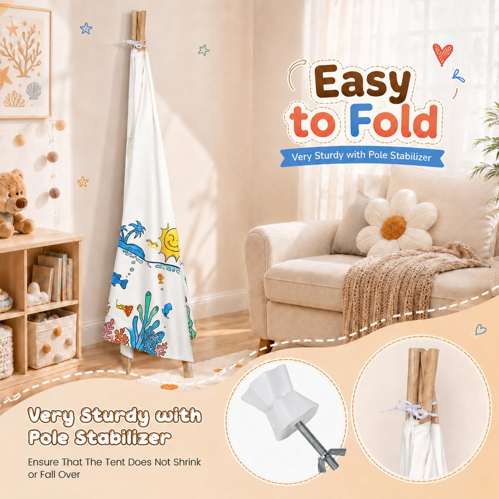 DIY Tipi Zelt für Kinder, Tippi Kinderzelt Indoor, 120x140cm Segeltuch Kinder Tipi Zelt, Spielhaus Wird mit Lichterketten, Bemalung und Aufbewahrungstasche geliefert für Drinnen Oder Draußen