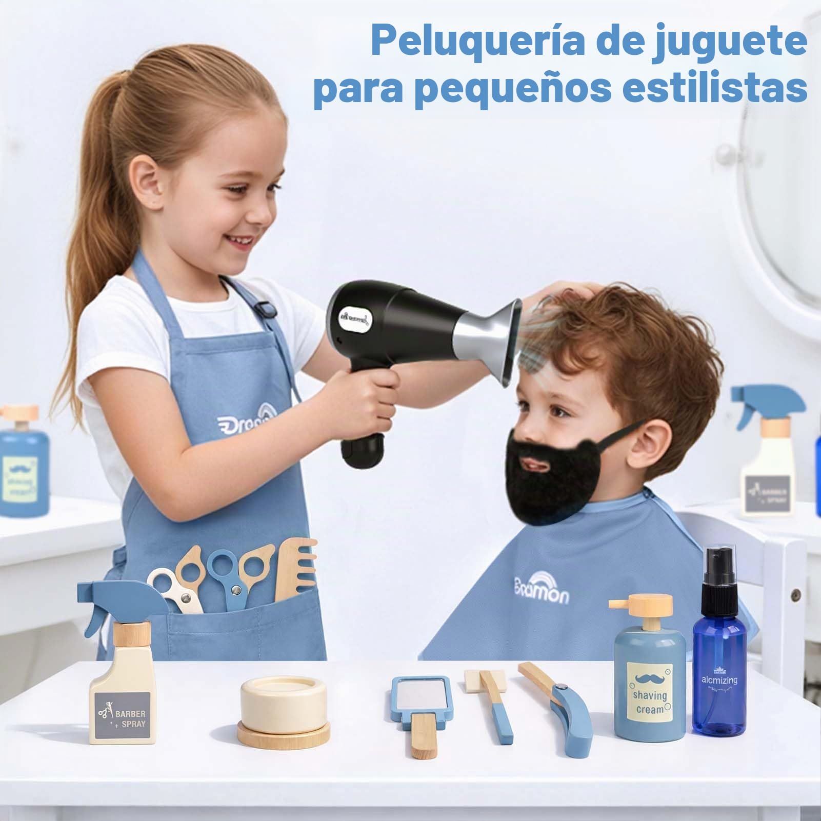 Dreamon Set de Peluquería Infantil de Madera, con Secador de Pelo Maquinilla de Afeitar Barba Postiza Delantal y Bolsa de Almacenamiento Regalo para Niños de 3 4 5 6 Años