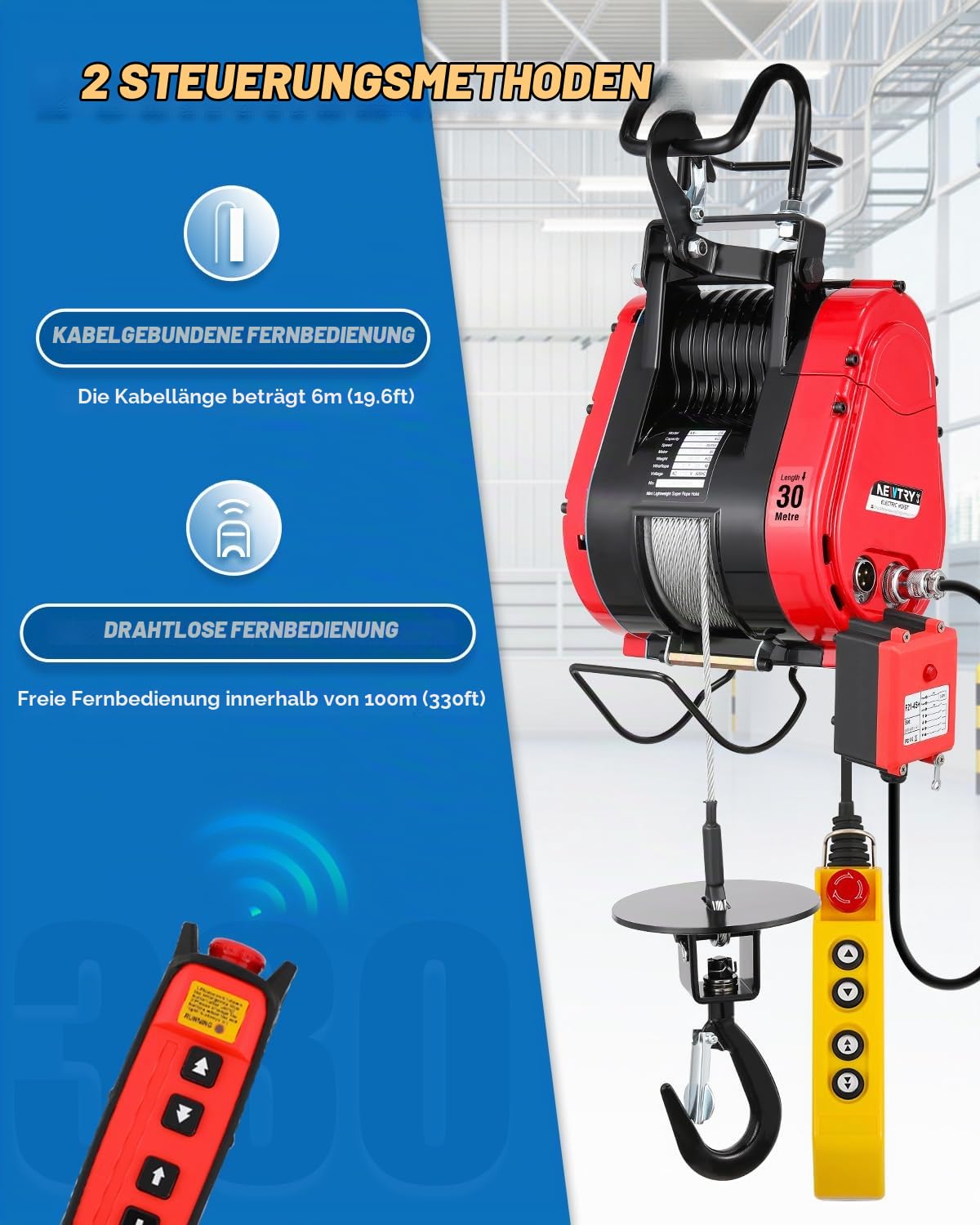 NEWTRY Elektrische Seilwinde 350KG 30M, bürstenloser Motor 1500W | plus 2 Geschwindigkeiten wählbar, kabelgebundene und kabellose Fernbedienungen mit Schutzfunktionen verfügbar