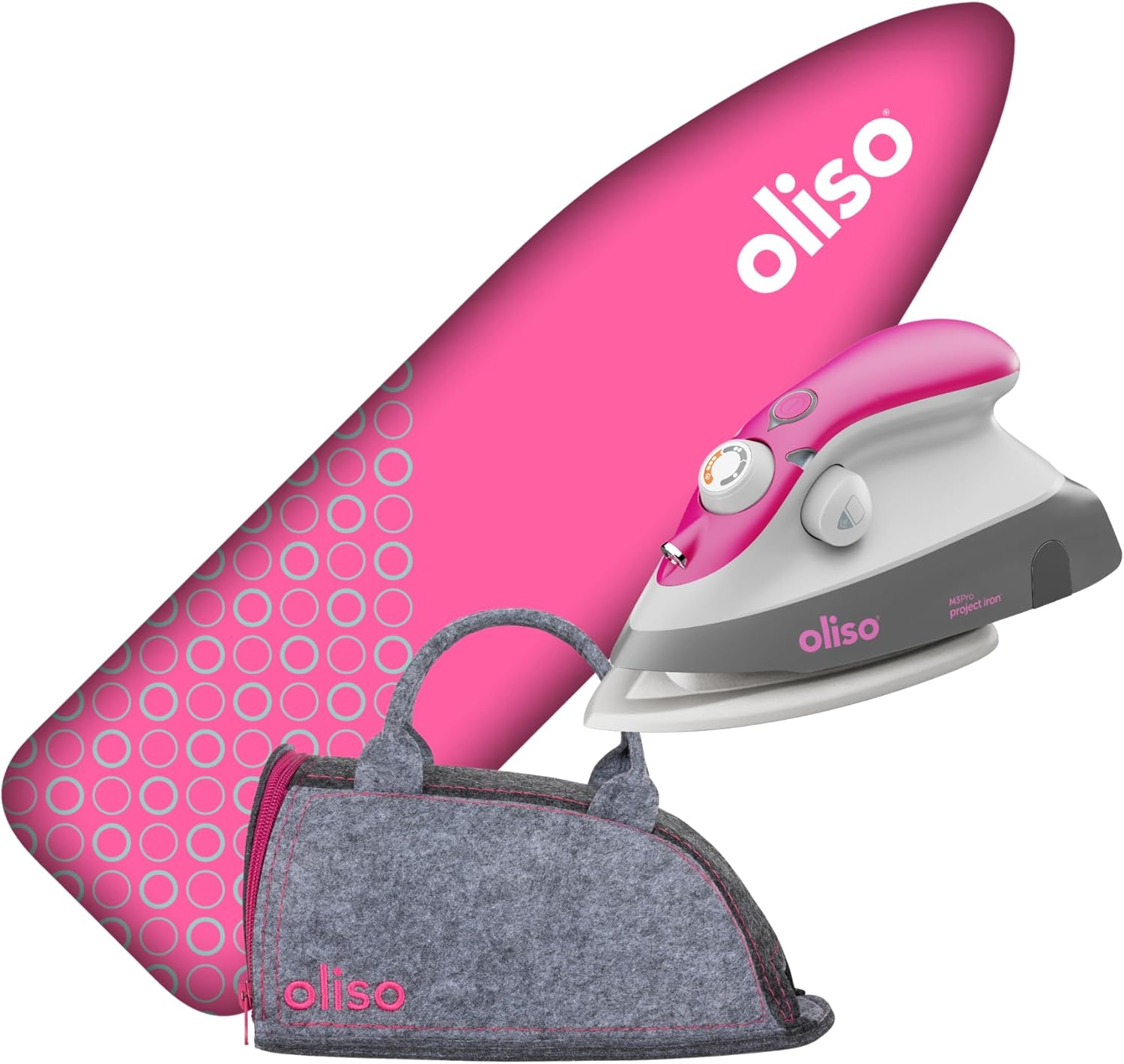 Oliso M3Pro Project Steam Iron with Solemate (Raspberry) + Ironing Board Cover (Raspberry) + Mini Carry Bag (Raspberry)
