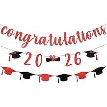 Red Glitter Congratulations 2026 Banner and Graduation Cap Garland, Congratulations Class of 2026 Graduation Banner for College 2026 Graduation Party Decorations Red