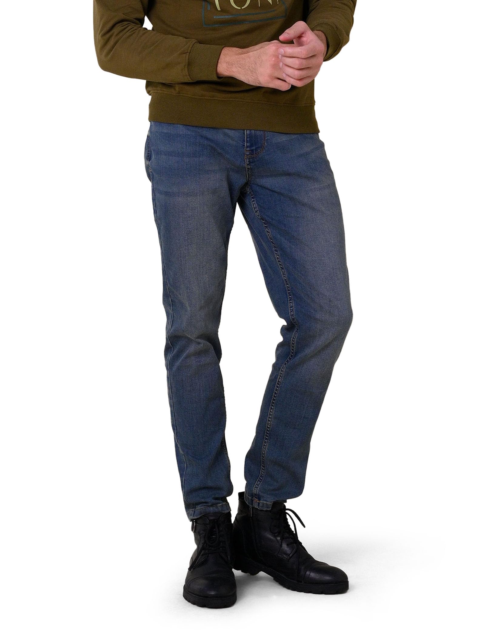 Enorsia Mens Vintage Slim Fit Tapered Jeans with Five Pockets, Belt Loops, Zip Fly, Blue Wash with A Rich Look and Comfort Stretch Cotton-Rich Fabric (Mid Blue,34)
