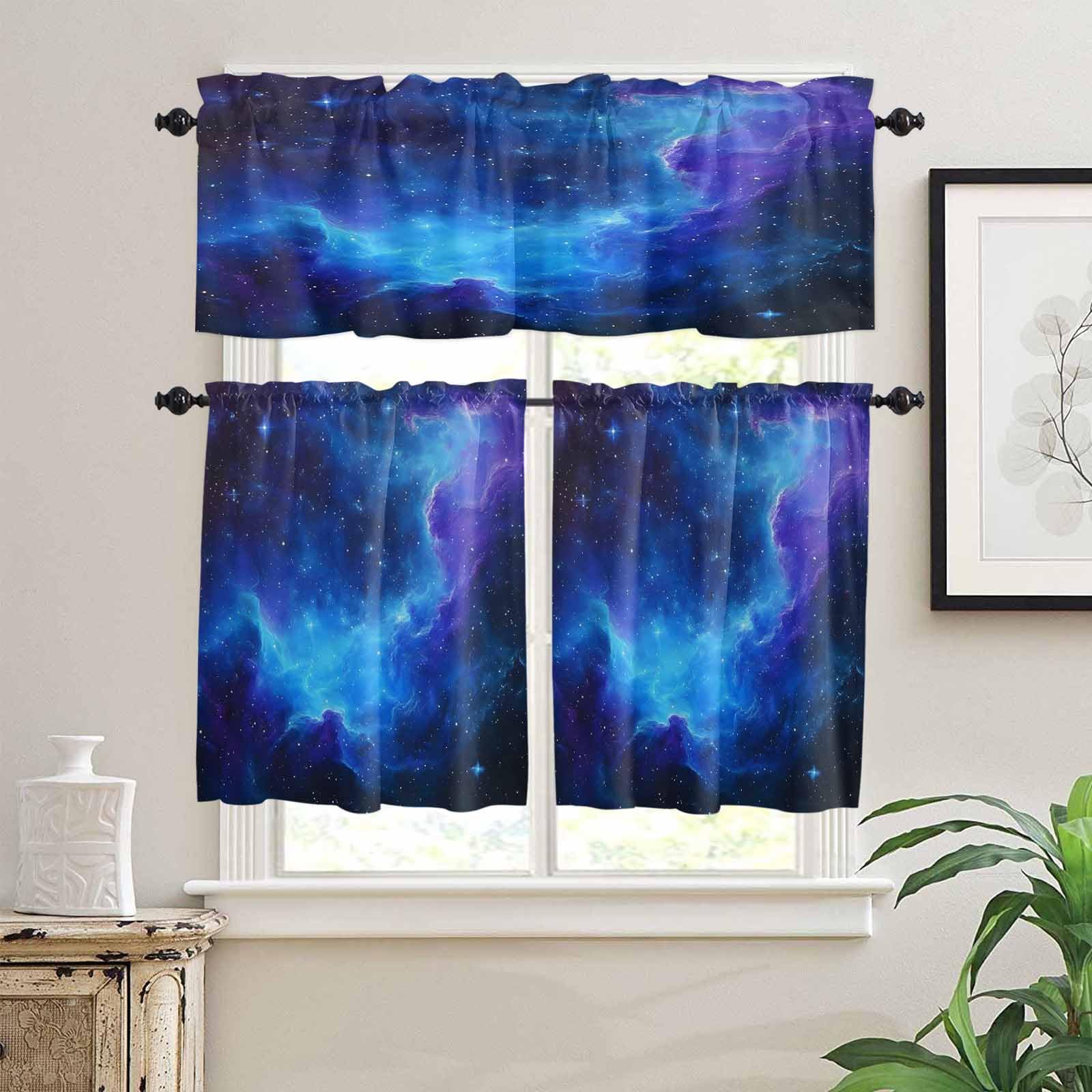 Blue Purple Sky Kitchen Curtains 36 Inch Length, 3 Piece Rod Pocket Small Half Tiers and Valance Set, Abstract Modern Art Clouds Small Large Window Treatment Decor for Bedroom/Bathroom Sink