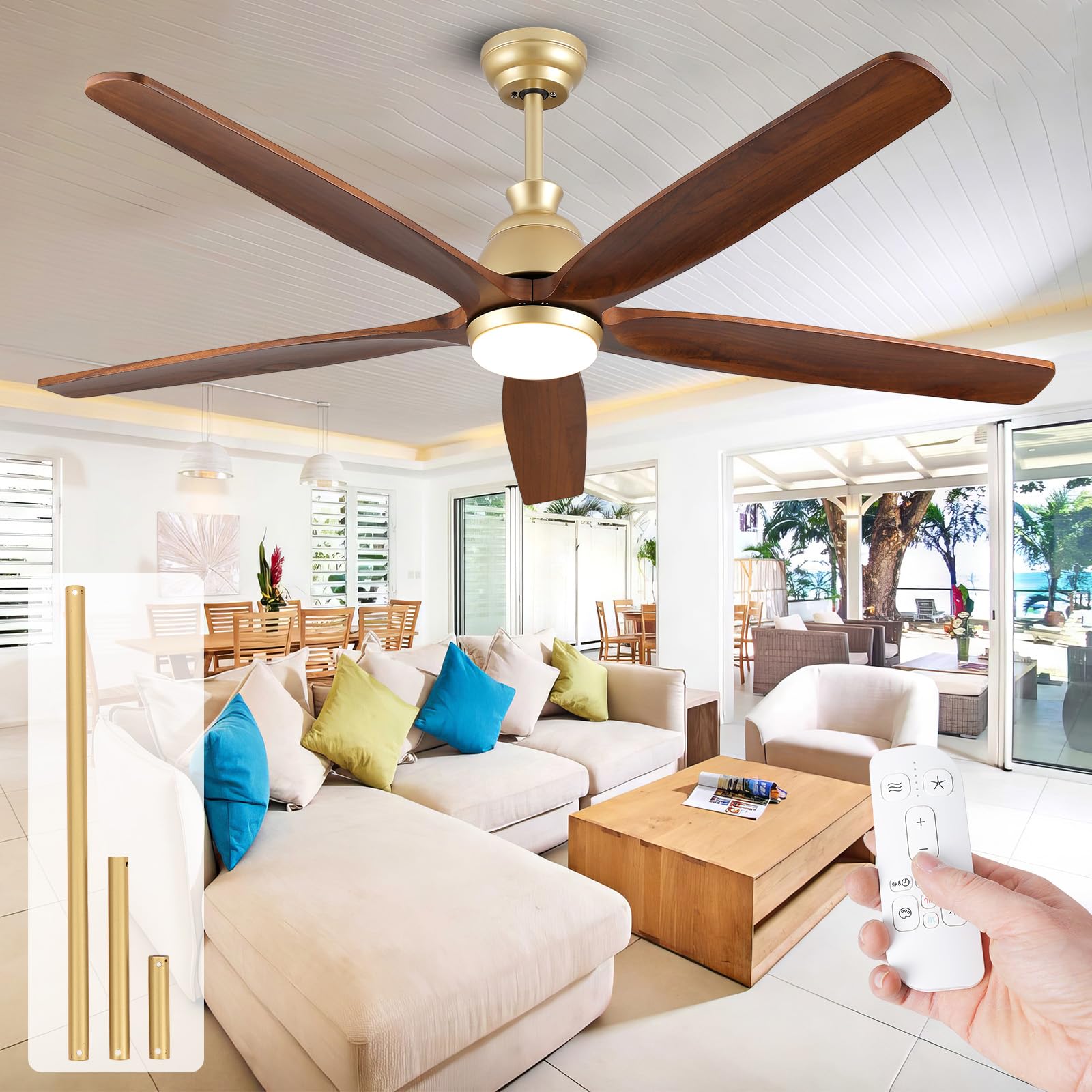 132cm-Deckenventilator mit Lichtern, Flügel aus massivem Holz, moderner goldener Deckenventilator, feuchtigkeitsgeschützter Deckenventilator für Terrassen, leiser DC-Motor, Gold + Walnuss