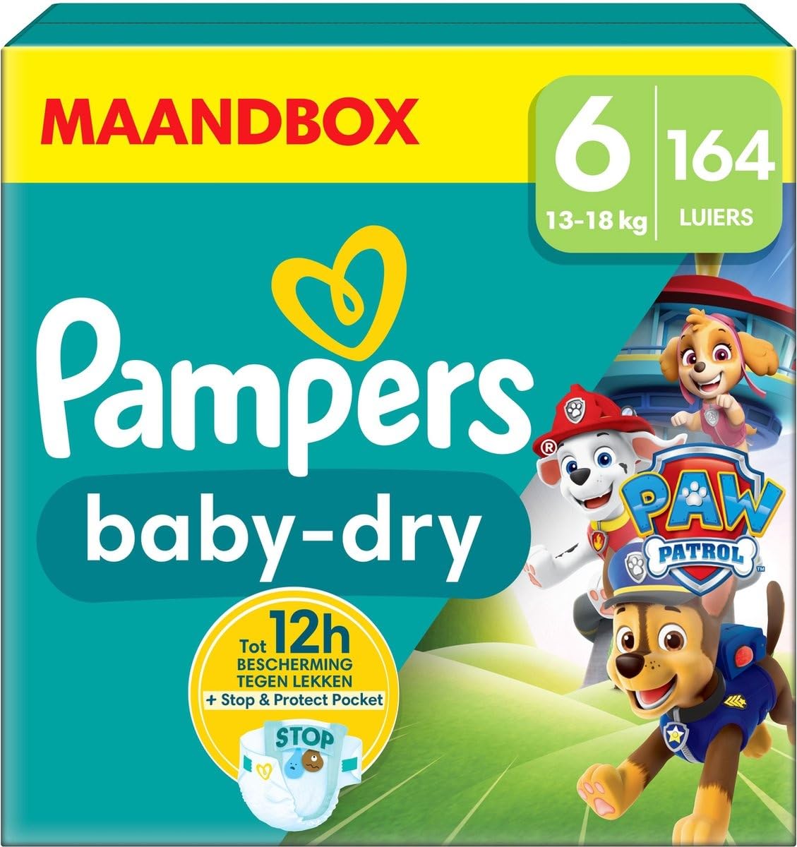 Pampers Baby-Dry Paw Patrol Edition Size 6, 164 Nappies, 13kg - 18kg, Monthly Pack, with A Stop & Protect Pocket to Help Prevent Leaks at The Back