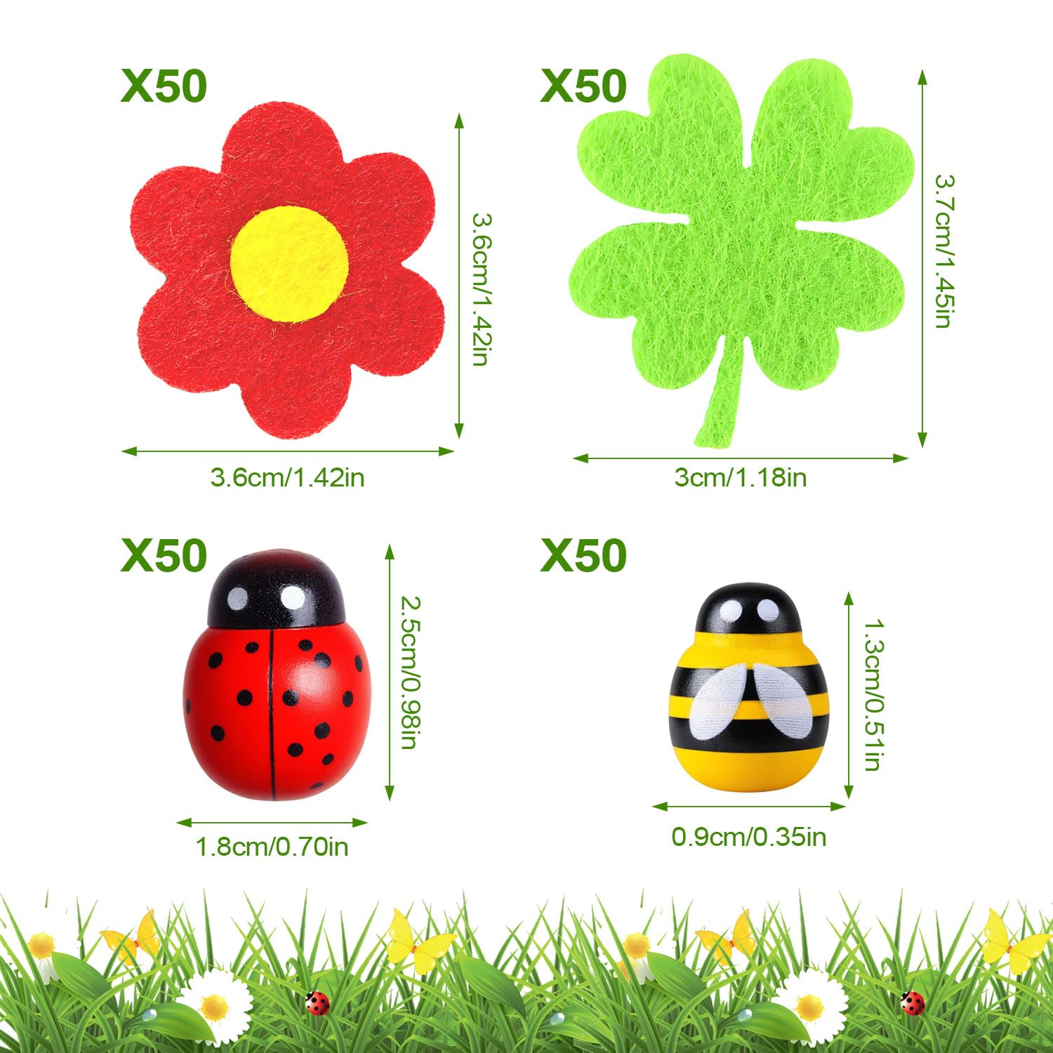 200 Piezas 18 x 25 mm Decorativas Mariquitas de Madera 9 x 13 mm Mini Abejas Abejita Chiquitita Autoadhesivas Abeja de Madera Trébol de Cuatro Hojas Fieltro Flores para DIY Manualidades Fiesta Deco