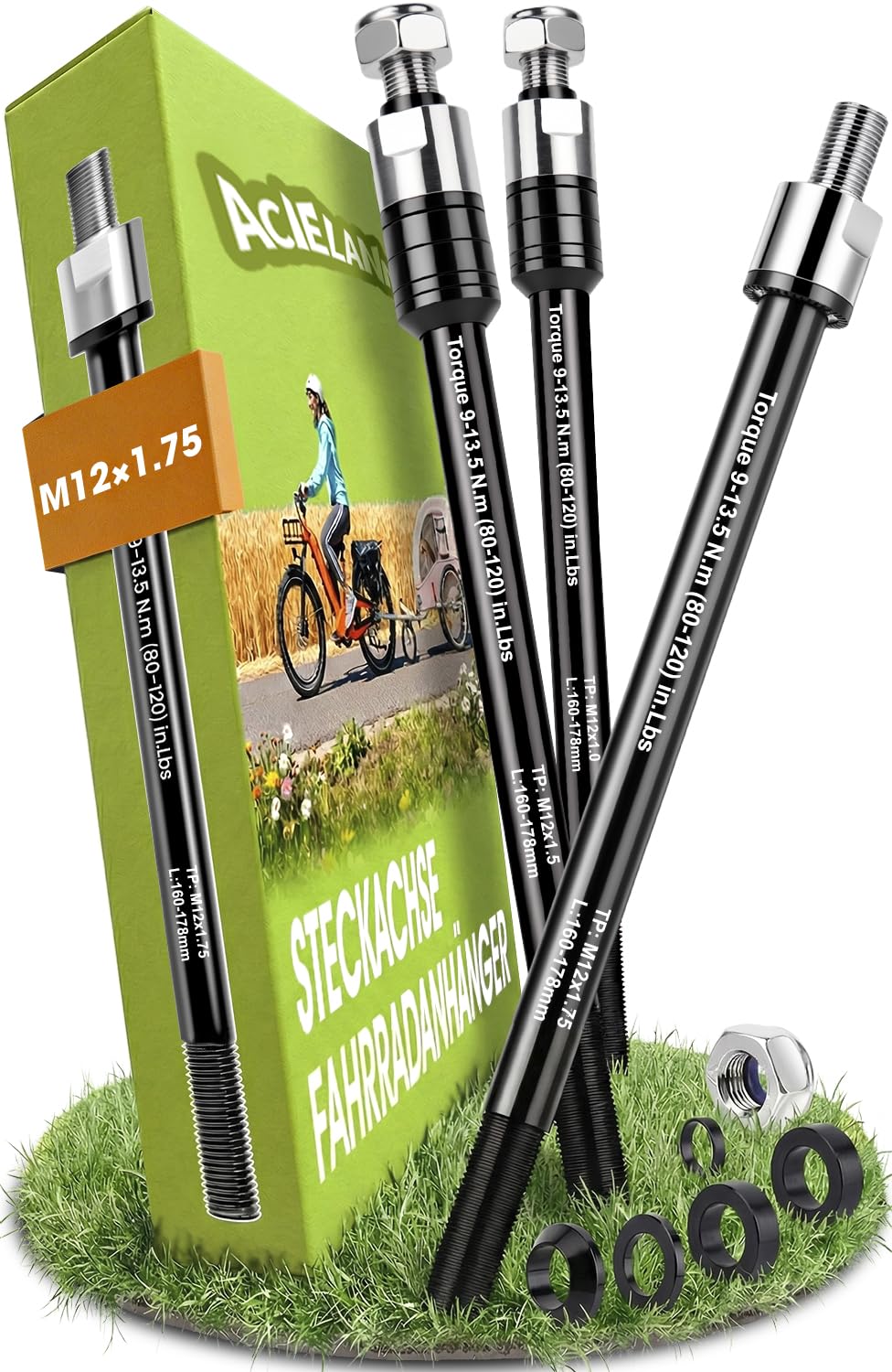 ACIELANNA Steckachse Fahrradanhänger, Steckachse Fahrrad M12 x 1,75 Einstellbare Schaftlänge, Fahrrad Steckachsenadapter kompatibel mit den meisten Fahrradanhänger Kupplungen