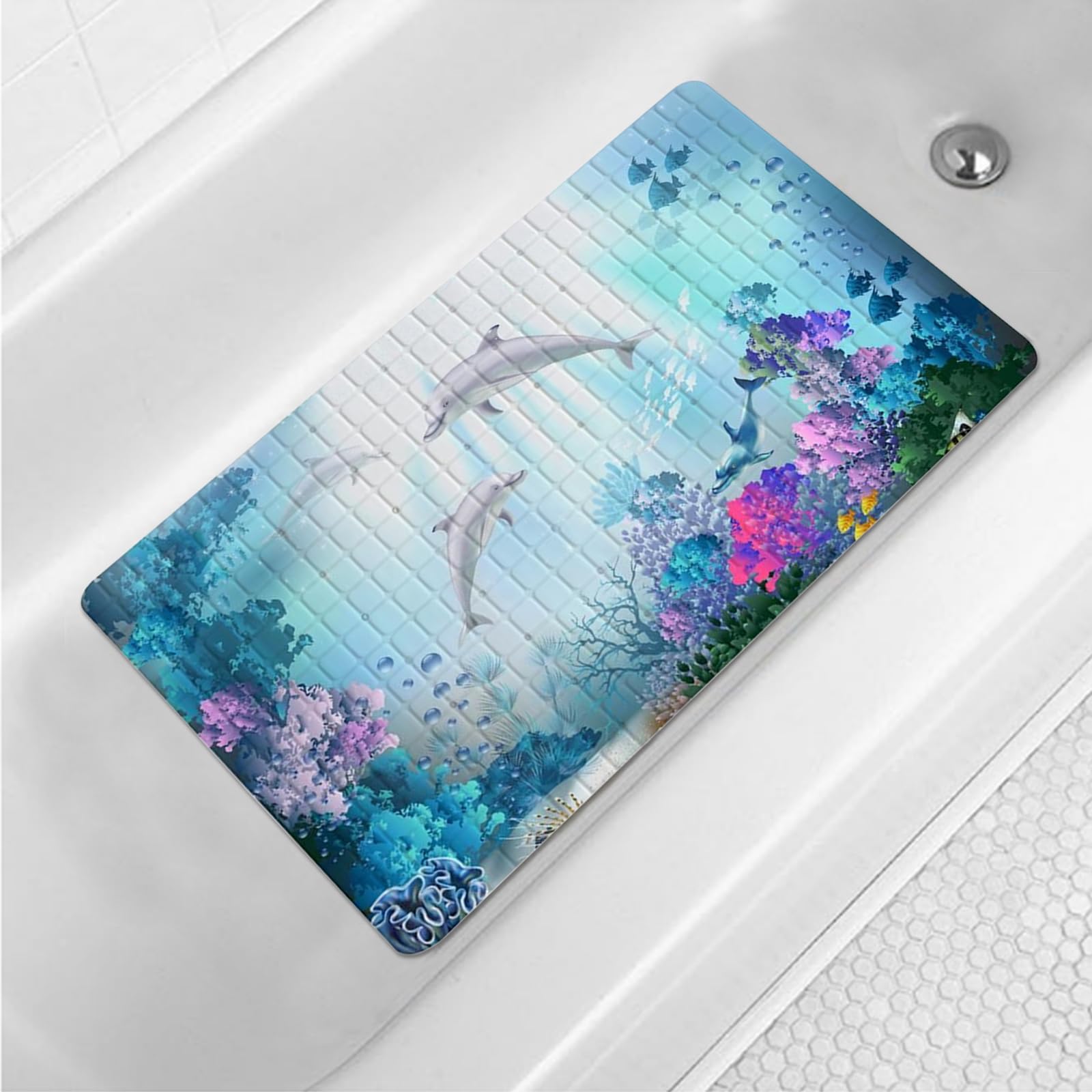 Ocean Blue Bathtub Mat Non-Slip for Kids Sea World Dolphin Coral Bathtub Mats with Suction Cups and Drain Holes Cute Dolphin Bathroom Soft Showermat 15"x27" Dolphin Shower Mat Anti Slip