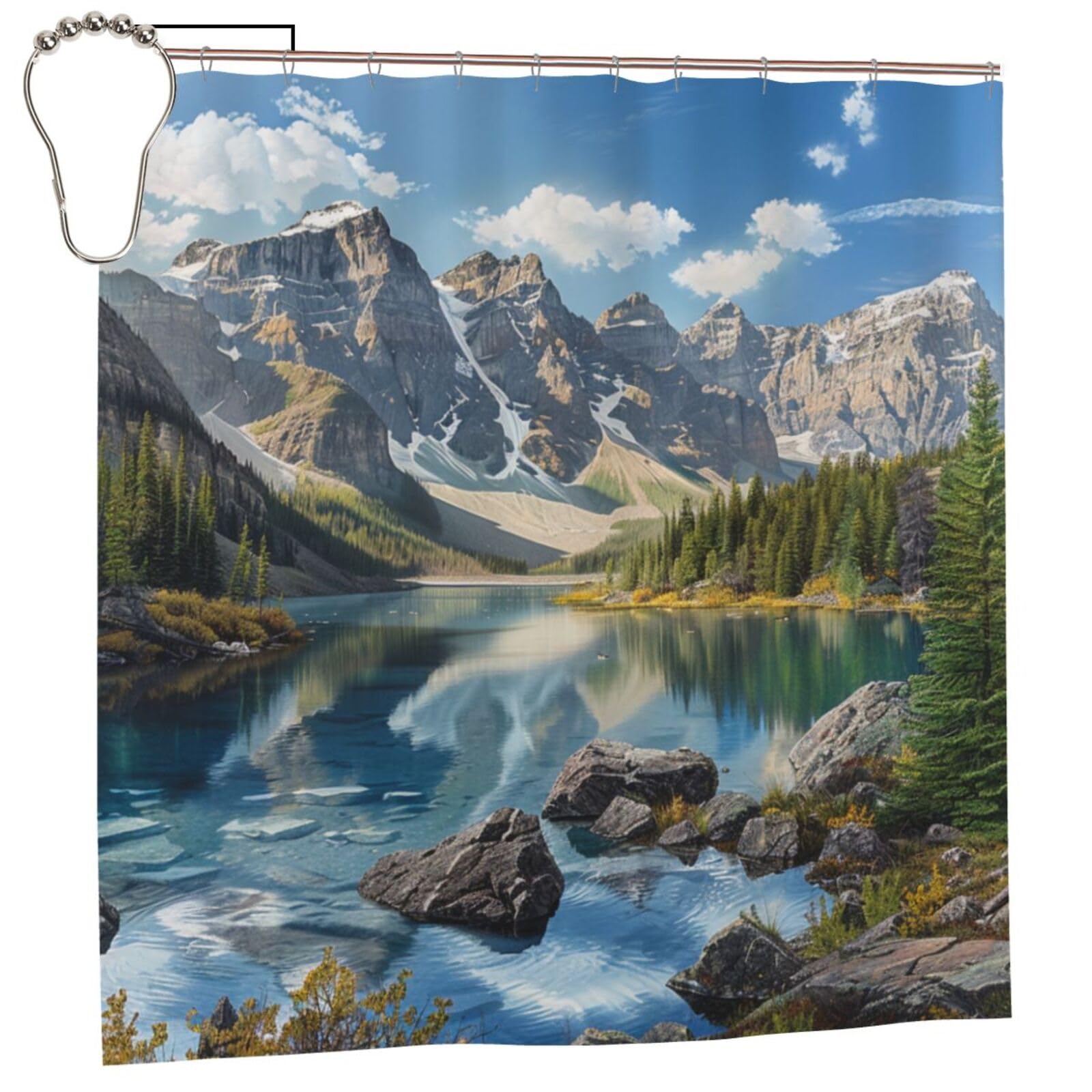 BWWHCCTI Rocky Mountains Printed Shower Curtain With 12 Iron Hooks Opaque Quick Drying Waterproof Shower Curtains Sets For Bathroom 183x183 CM
