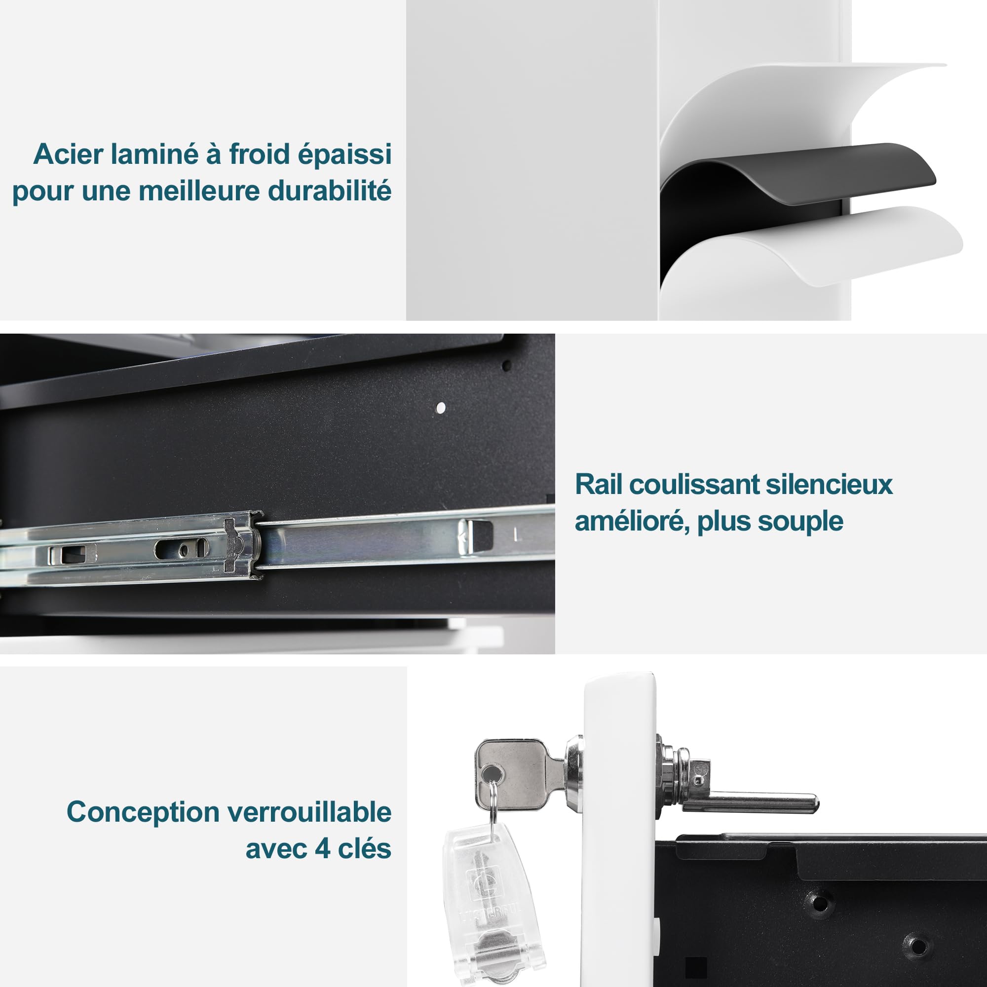 Caisson de Bureau Mobile, Verrouillable, 4 Clés, Meuble Tiroir Bureau, Caisson Tiroir, Rangement pour Documents et Papeterie, Blanc
