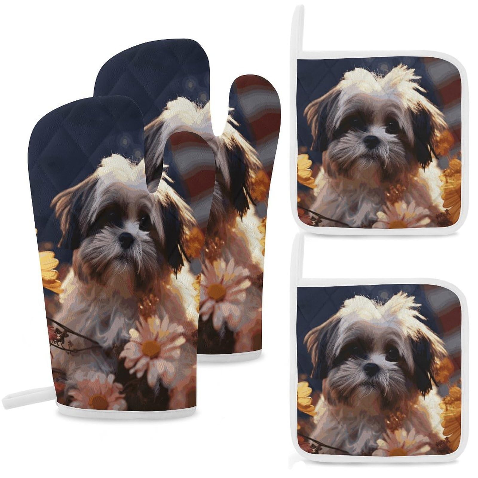 Shih Tzu Dog and Flowers Oven Mitts and Pot Holders Sets Heat Resistant Oven Glove with Hanging Loop for Baking Cooking BBQ Thicken Potholders for Kitchen