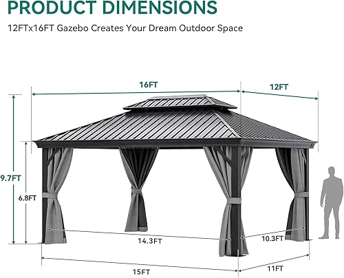Miniatura 8 de YITAHOME Cenador de techo rígido de 10 x 10 pies con redes y cortinas resistente doble techo de acero galvanizado para exteriores combinado de rayas