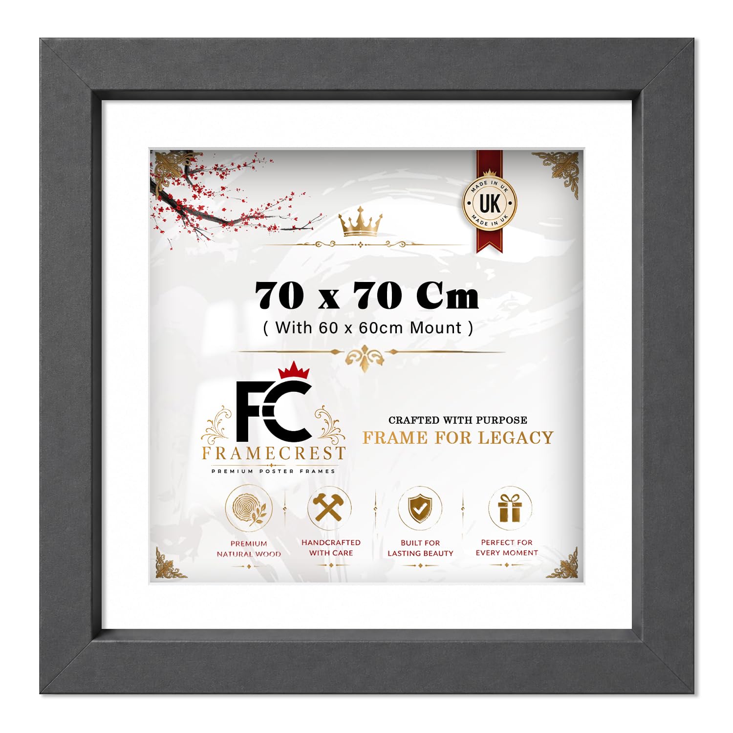 FRAMECREST LTD — 70 X 70 CM Square Picture Photo Frame With 60 X 60 CM White Mount, Engineered Wood Poster Display For Gallery Wall, Living Room And Office Art, Hallway And Bedroom - [Dark Grey]