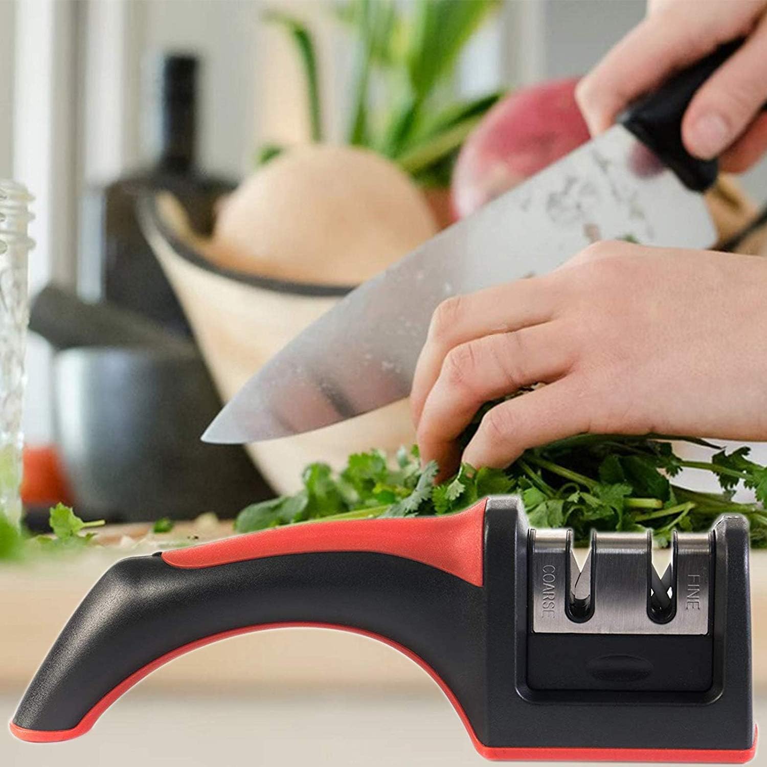 HUJI Professional Kitchen 2 Stage Chefs Knife Sharpener Help Repair, Restore, and Polish Blades with Soft Grip Safety Handle, Easy to Use (3, Two Stage Sharpener)