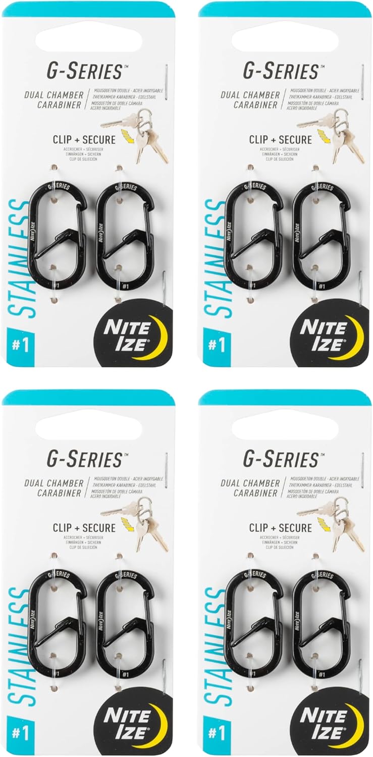 Nite Ize G-Series Dual Chamber Carabiner - Carabiner Clip for Car Keys, Keychains & More - Dual Chamber Key Organizer - Key Holder Accessories - Size 1, Black, (4 Pack)