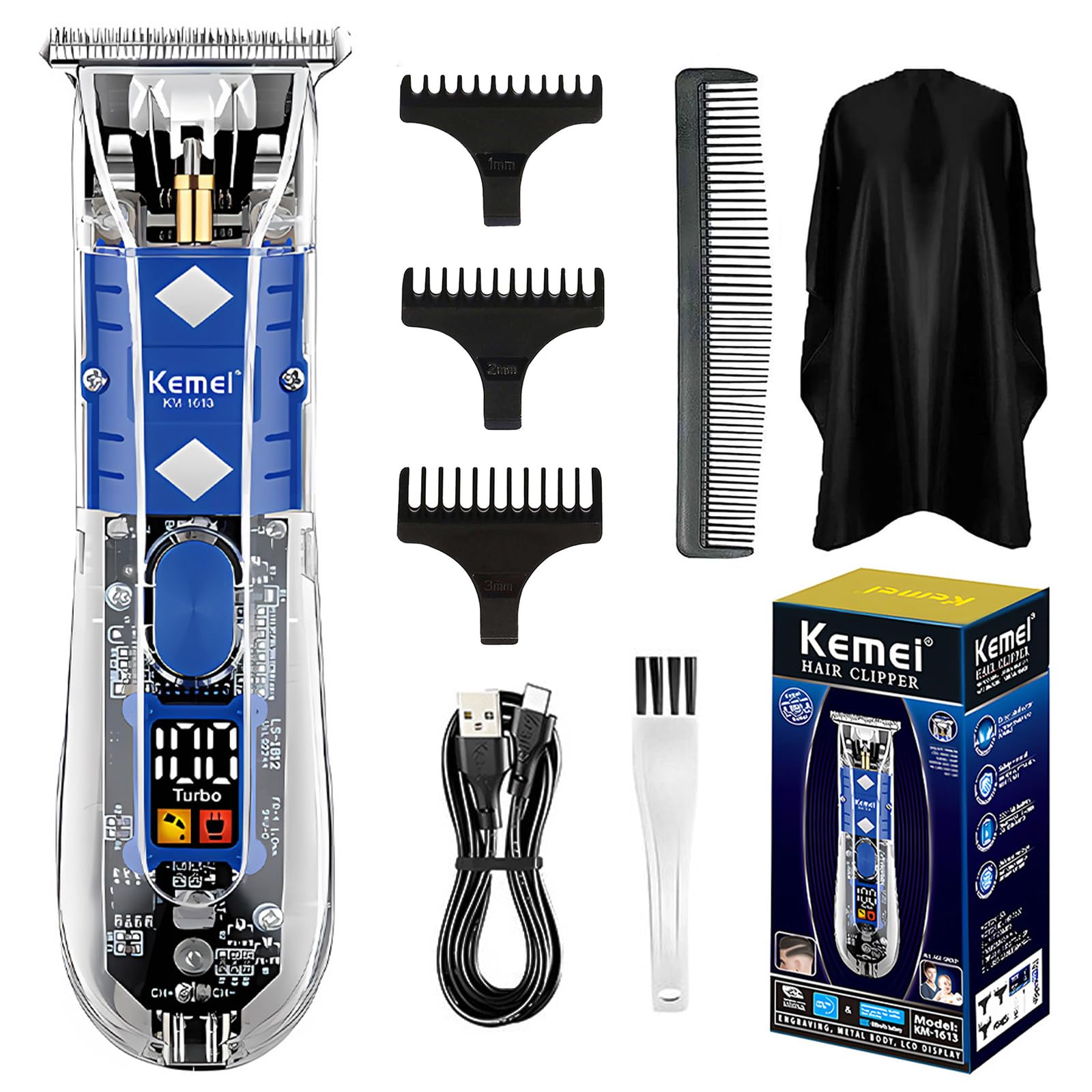 KEMEI Trimmer Electric Beard Trimmers for Men，Cordless Small Beard/Hair Clipper Kit, Rechargeable Detailer Trimmer with LED Display, Transparent Body Trimmer, KM-1613