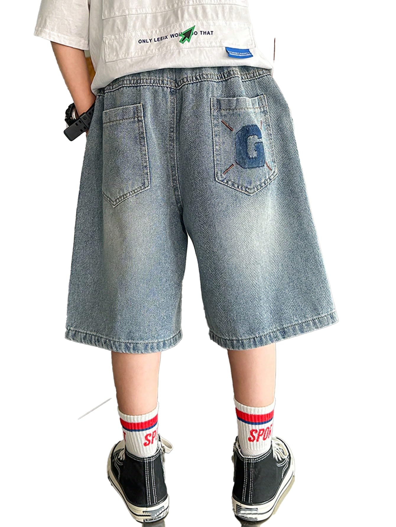 kids baggy denim shorts boys jeans, elastic waist casual summer jorts for boys 8-12 years