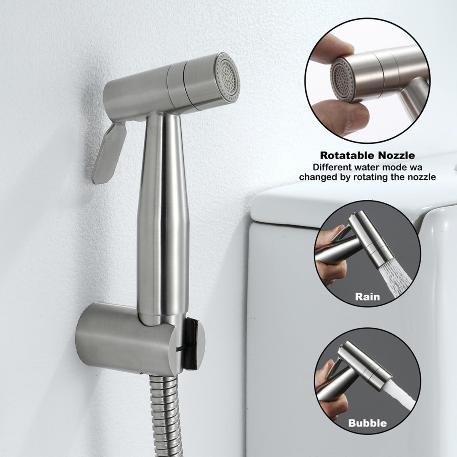 Pulverizador de bidé de mano, rociador para inodoro de bidé, chorro de dos funciones, fácil de instalar, rociador para higiene personal diaria, juego de manguera montada en la pared (plata)