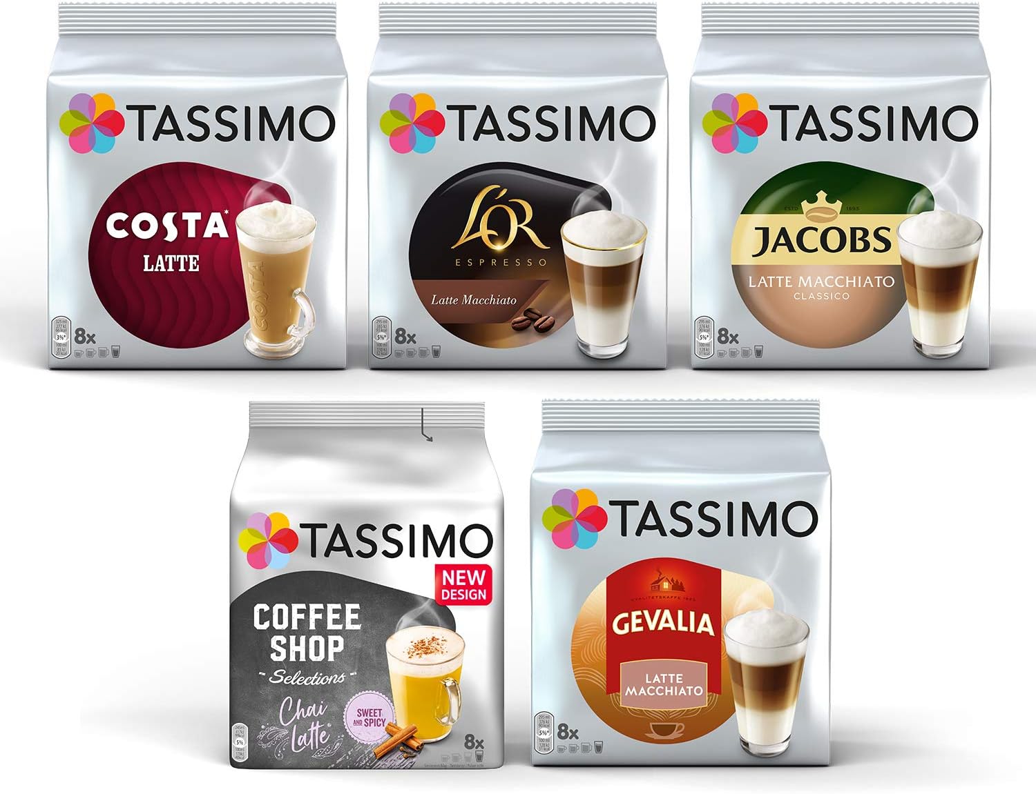 Coffee Variety Pack - Costa Latte, L'Or Macchiato, Jacobs, Chai, Gevalia Coffee Pods - 5 Packs (40 Drinks)