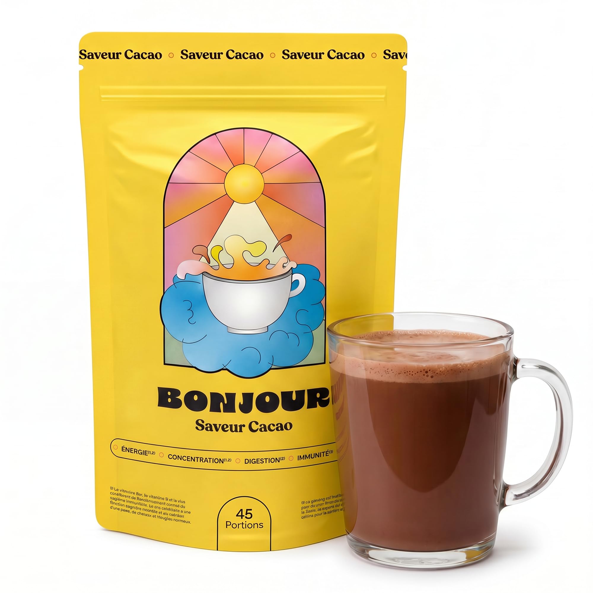 BONJOUR – Boisson Cacao aux Champignons Lion's Mane, Chaga, Cordyceps, Plantes Adaptogènes Ginseng et Vitamines B12, D3, E, K2–Zinc, Sélénium, Fibres, Sans Sucres, Vegan–Fabriqué en France–45 Portions