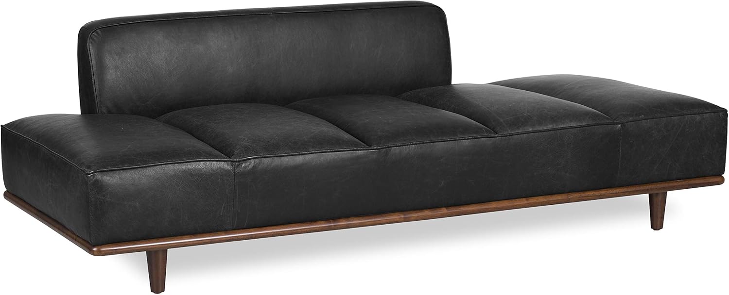 Poly & Bark Jasper Daybed – Onyx Black - Full-Grain Semi-Aniline Leather Upholstery – Walnut-Stained Ash Wood Frame, 6.6 Feet – Modern Daybed for Living Room or Guest Space– Minimal Assembly