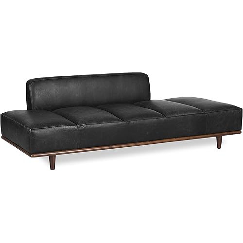 POLY & BARK Jasper Daybed – Onyx Black - Full-Grain Semi-Aniline Leather Upholstery – Walnut-Stained Ash Wood Frame, 6.6 Feet – Modern Daybed for Living Room or Guest Space– Minimal Assembly