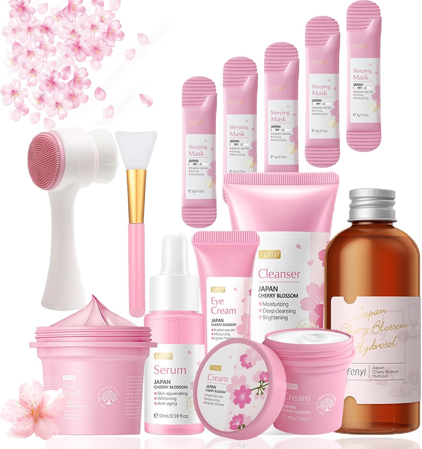18PCS Sakura Skin Care Sets & Kits, Skin Care For Teenage Girls, Skin Care Set Pamper Set, Women Beauty Gift Set, Teen Girl Gifts,Cleanser,Hydrosol,Serum,Cream,Eye Cream,Mask,Lip Mask,Mud Mask,Brush