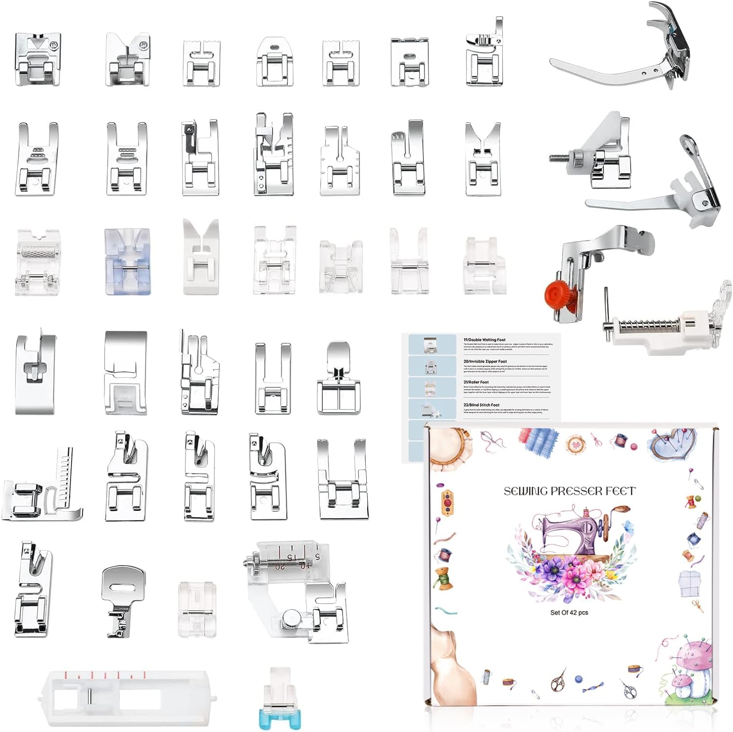 XBA Presser Foot Set 42Pcs, Sewing Machine Presser Feet Kit Accessories with Manual for Brother, Babylock, Singer, Elna, Toyota, New Home, Simplicity, N, Kenmore Low Shank Machines