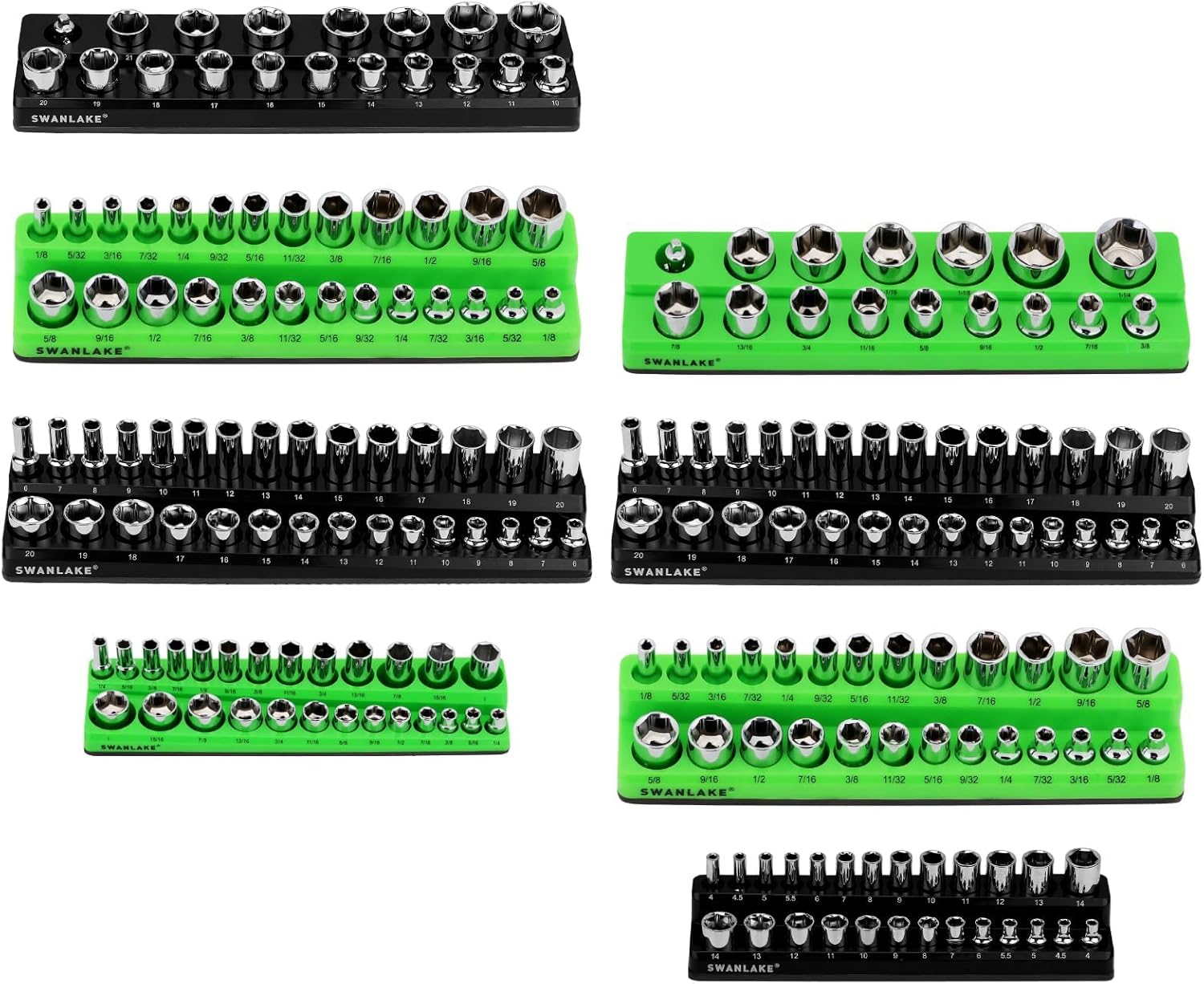 Magnetic Socket Organizer Holder Tool: 8PCS Set includes 2PCS 1/4", 4PCS 3/8", 2PCS 1/2" Drive Socket Storage Trays Toolboxs, Holding 199 Slots Soft Rubber Covering Black Green (sockets not included) 8pcs 1/4&3/8&1/2 Green&Black