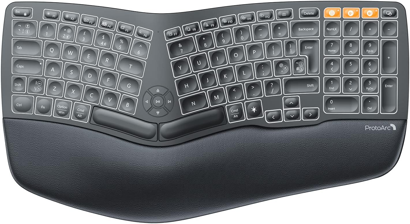 ProtoArc Backlit Ergonomic Wireless Keyboard, EK01 Bluetooth Ergo Split Keyboard, Wrist Rest