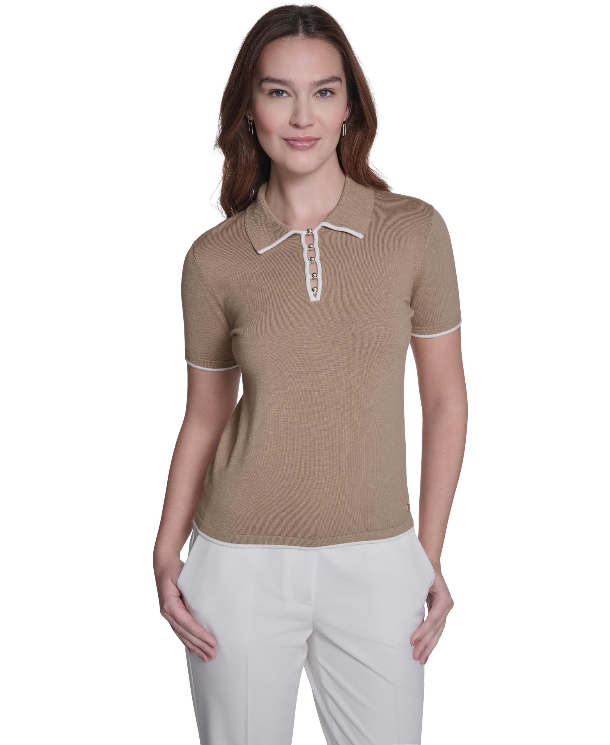 Tommy Hilfiger Women's Short Sleeve Johnny Collar Polo Sweater, Tannin/Bright White, Medium