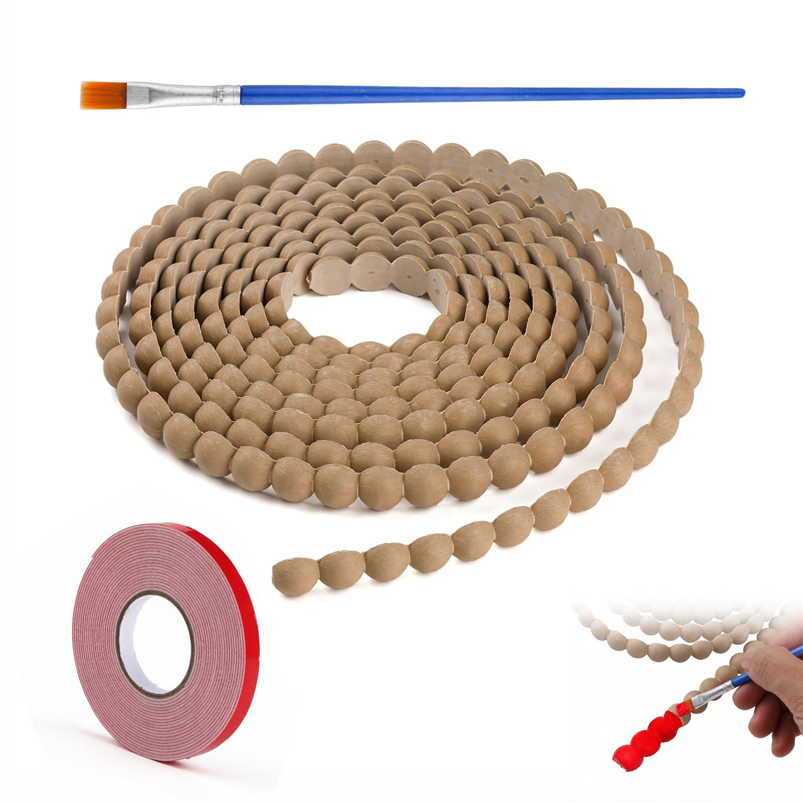 Bobbin Trim Moulding with 2 Painting Brushes, 3m x 15mm Self-Adhesive Soft Bubble Bead Trim for Wall Panelling & Wood Trim, Decorative Moulding Trim with Wide & Fine Paint Brushes