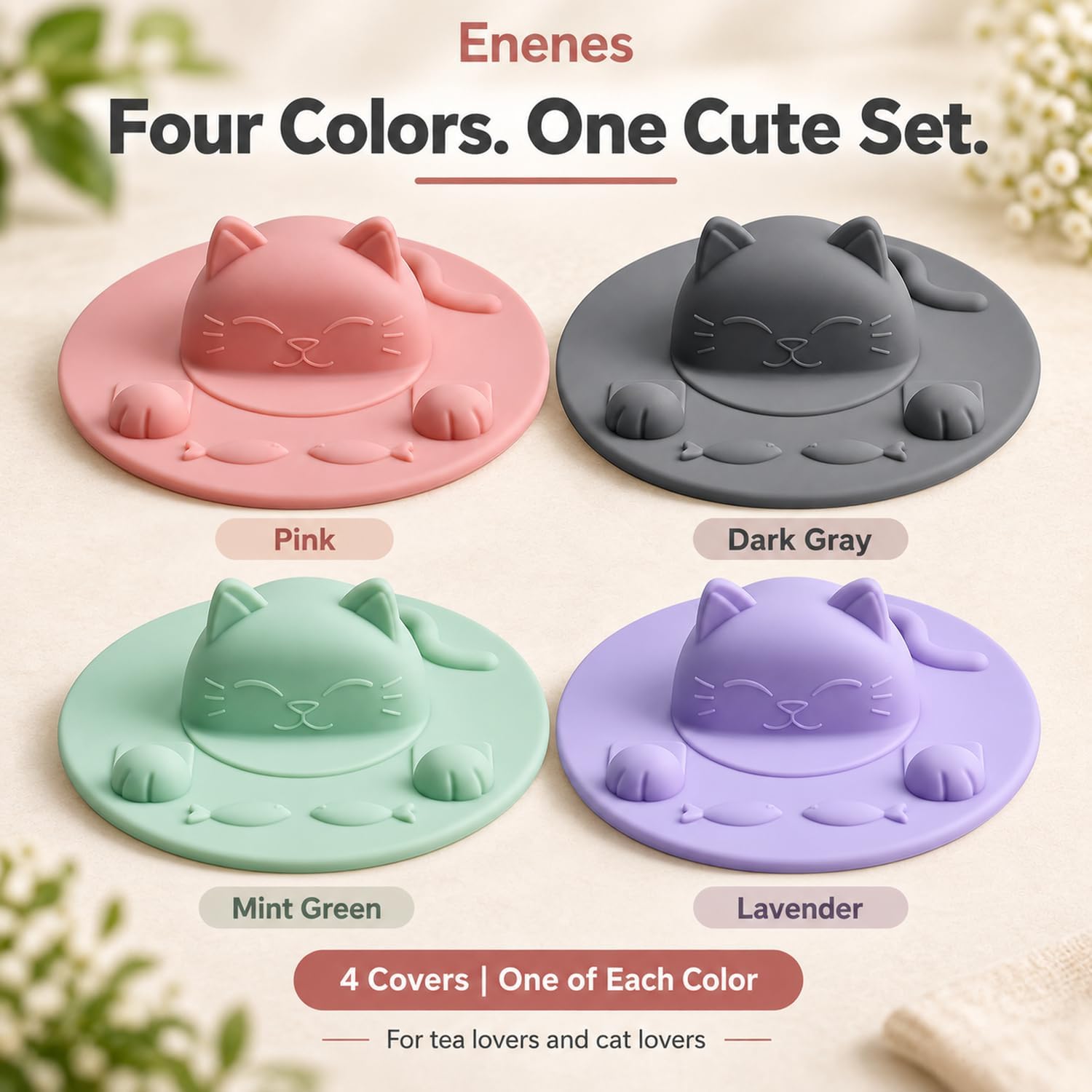 Enenes Tea Bag Holder and Squeezer 4 Pack, 4 Inch Cat Silicone Cup Cover