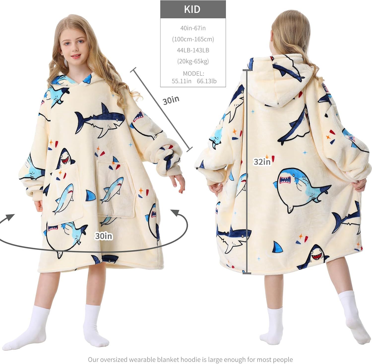 Aemicion Kids Wearable Blanket Hoodie-Shark Plush Hooded Blanket with Pockets, Cozy Fleece Sherpa Blanket as Gift for 6 7 8 9 10 12 Year Old Boys Girls - Image 4