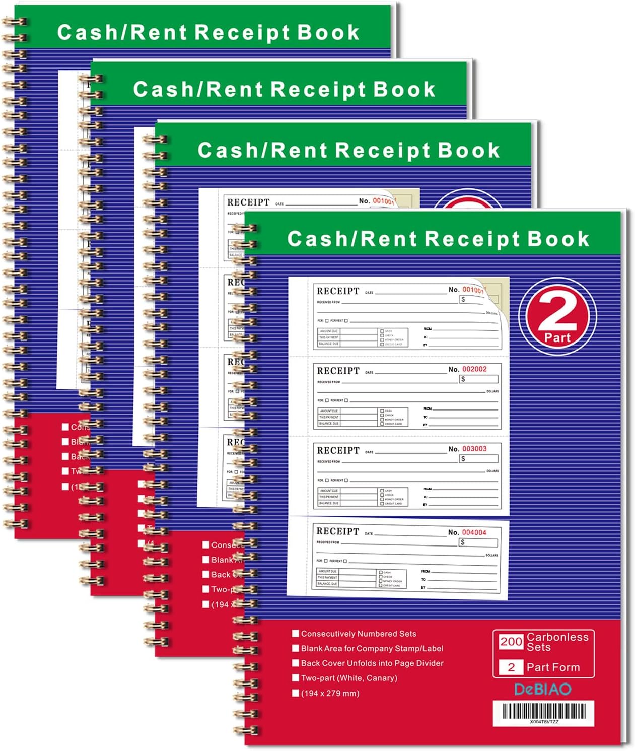 Money and Rent Receipt Book 2-Part Carbonless 7-5/8" x 11" Spiral Bound 200 Sets per Book 4 Receipts per Page (4 Packs)