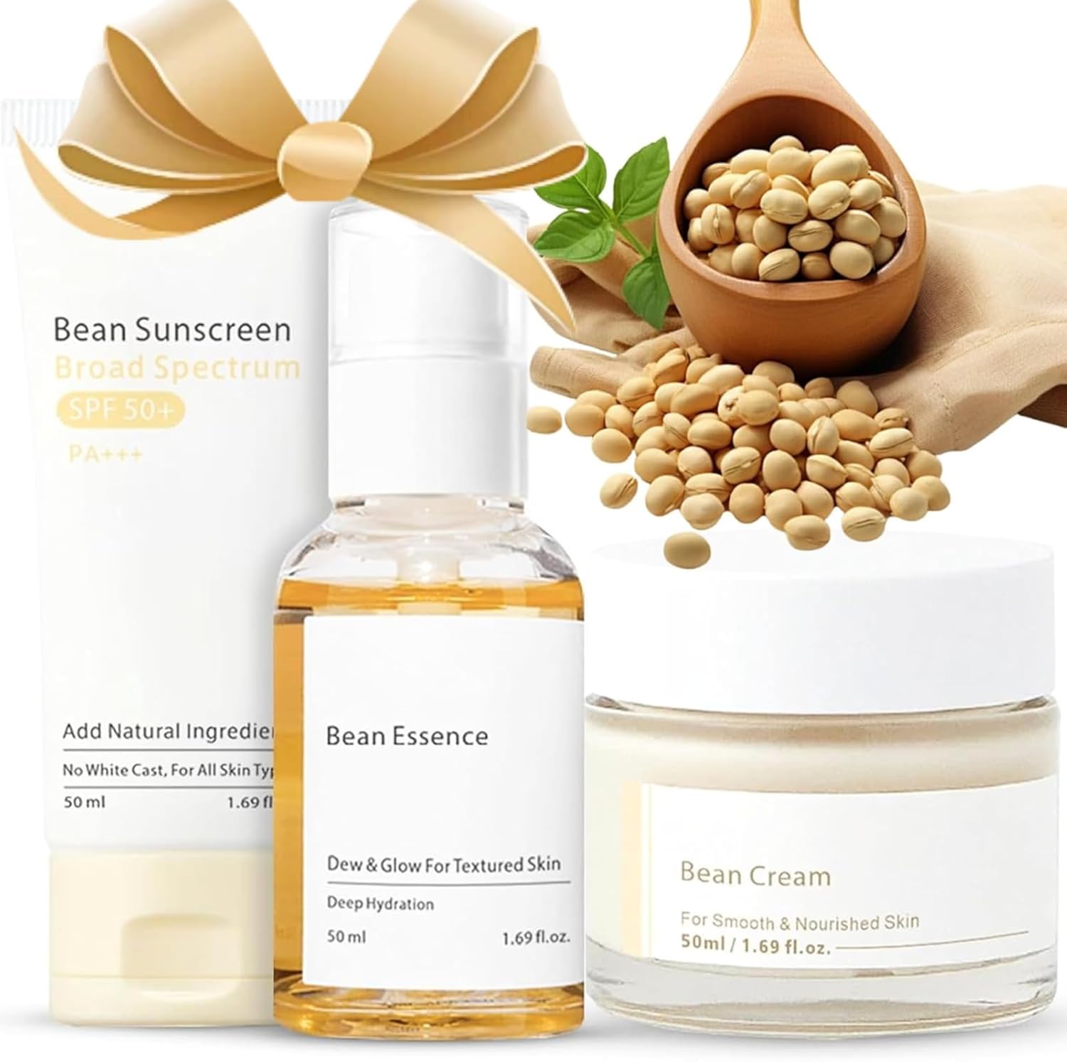 Bean Glass Skin care Set & Kit - Bean Essence & Face Sunscreen SPF50& Moisturizer Face Cream, Skincare Gifts for Teenage, Even Tone Skin Care Products for Glowing Complexion 3Pcs