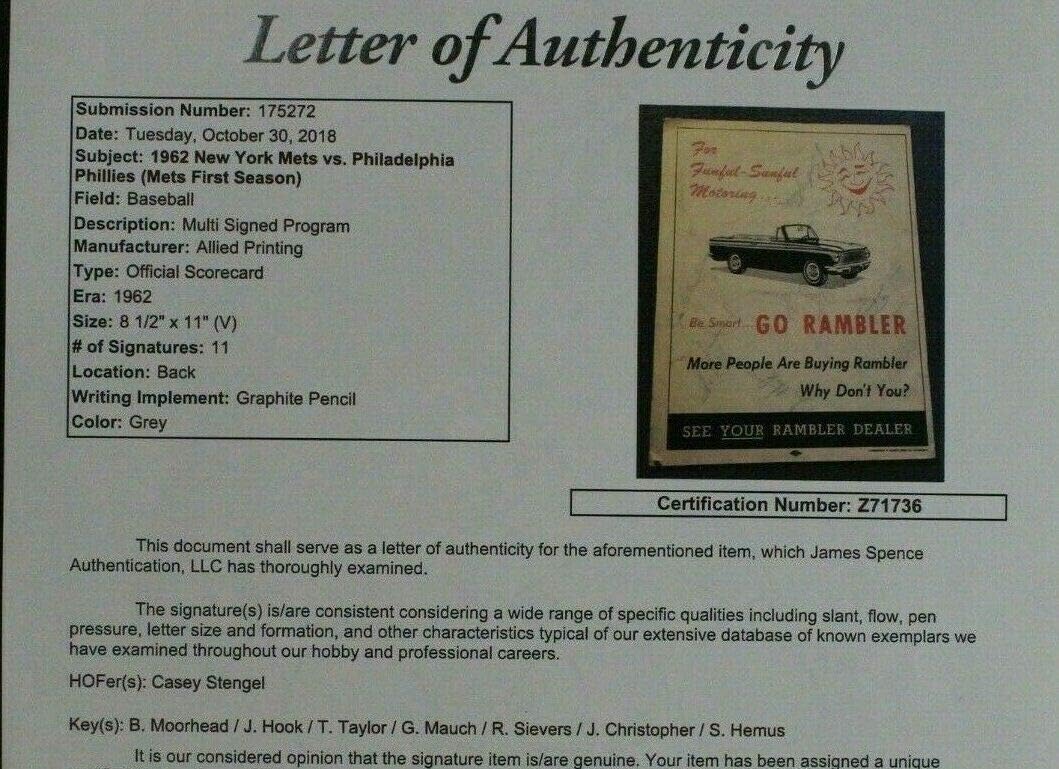 1962 Mets 1st Year Signed Program 11 Autographs Stengel Hook Taylor Sievers