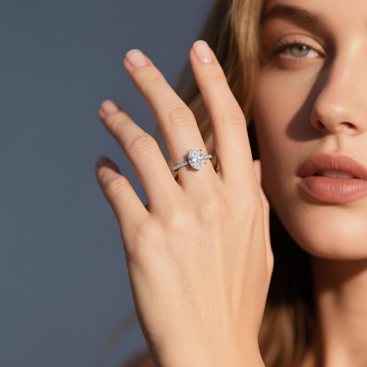Moissanite Rings for Women 2 CT Oval Engagement Ring Side Stone 925 Sterling Silver Rings with 18k White Gold Plated