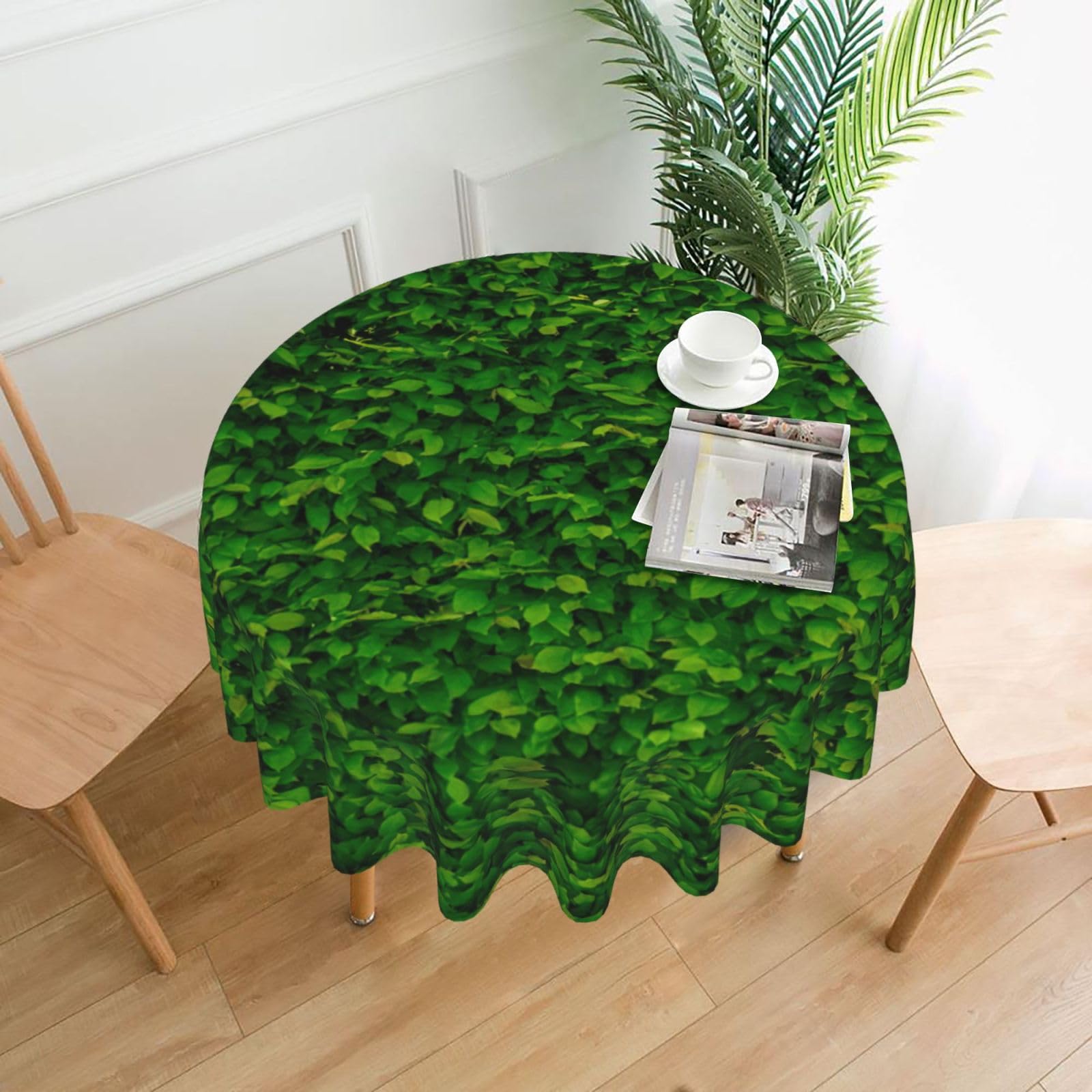 Uusnwaa Green Leaves Wall Print Round Tablecloth 60 Inch, Stain Wrinkle Resistant Washable Polyester Table Cover For Kitchen Party