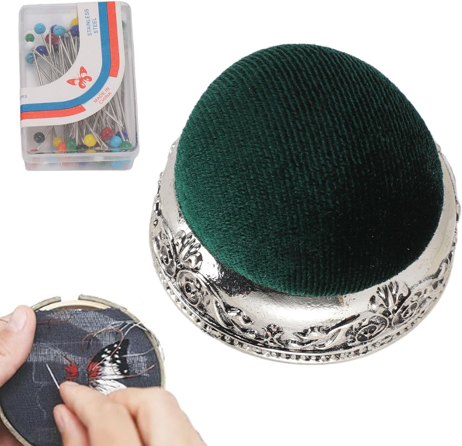 Zerodis Vintage Pin Cushion,Soft Elastic Metal Base Half Ball Shape Retro Needle Cushion Pin Pad Pin Mat Sewing Needle Insert Case Sewing Pin Pillow for Knitting Quilting (Silver Base